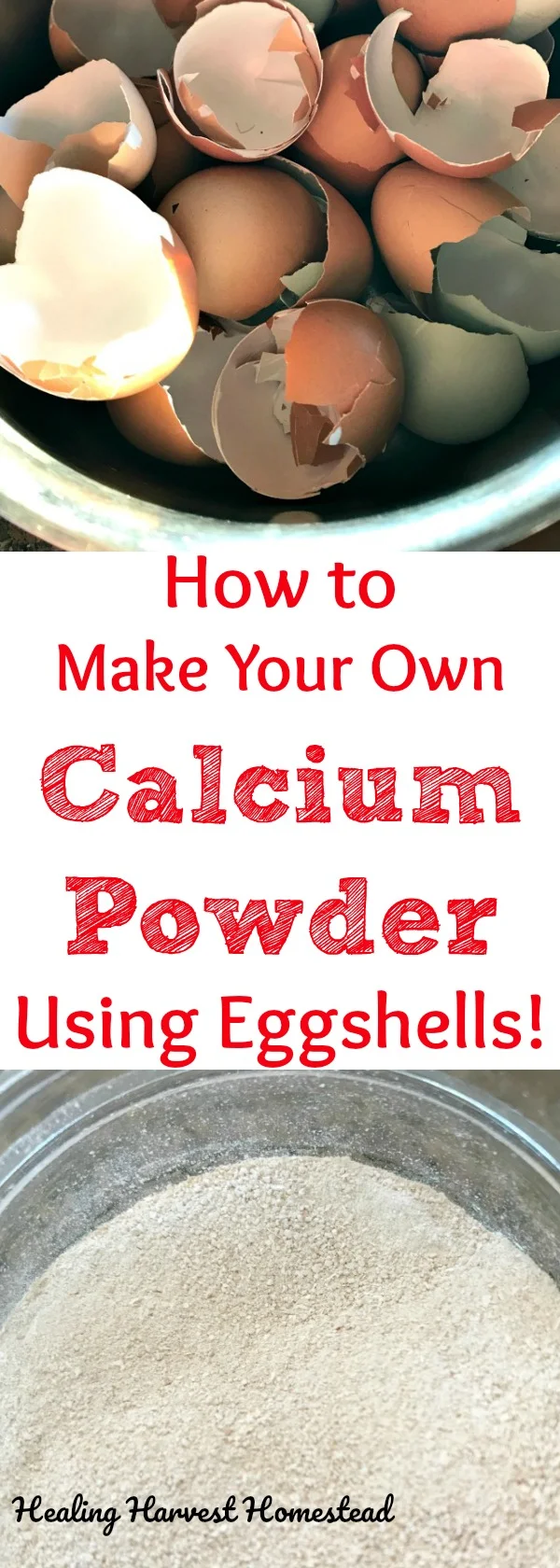 What is calcium powder? Why do we need to take it? Can it really remineralize our teeth? Find out about calcium carbonate powder, including how to make it with eggshells, how to use it, and why it's the best way to supplement your body with calcium! #homemade #calcium #supplement #calciumpowder #howtouse #healingharvesthomestead #health #natural