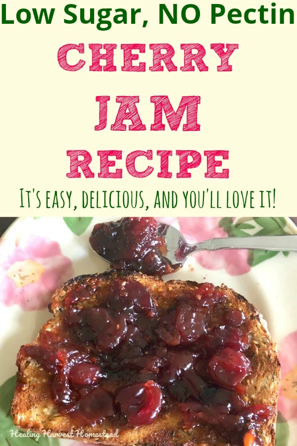 I had ALL these delicious cherries ripen at the same time this year, and I had to do something with them. I thought I'd share my low sugar, no pectin Cherry Jam recipe with you all. I know you'll love it! You can can it, keep it in the fridge, or turn it into a nice freezer jam, too. This is an easy jam recipe I know you'll love! #cherryjam #cherryjamrecipe #jam #jamrecipe #preserves #cherry