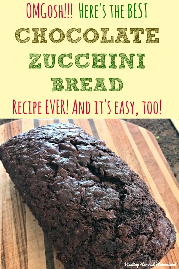 MMM...The zucchini harvest is in! Here's a recipe for the best Chocolate Zucchini bread you'll ever make. Pictures and directions make this EASY. Plus--it's healthy! Chocolate and zucchini pair up to create a moist and delicious quick bread for snacks and serving at that special meal for dessert. #dessertbread #zucchini #zucchinibread #chocolate #chocolatebread #zucchinichocolate #quickbread #snackbread #sweetbread #bread