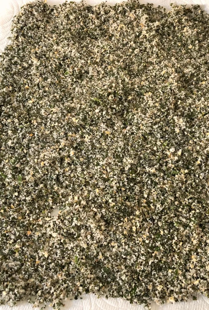 Here it is, spread out to dry. I put mine in the dehydrator. It took about three hours of drying time until I felt the moisture was dehydrated out well enough to not cause spoilage.