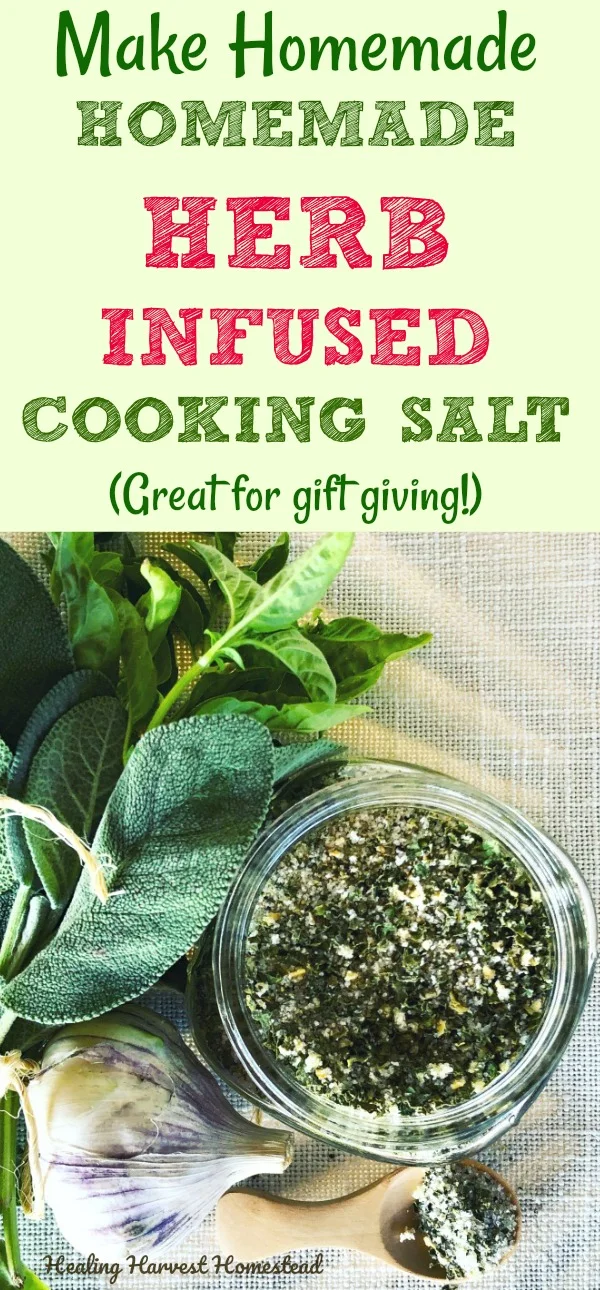 Do you have a ton of fresh herbs growing in your garden? Like rosemary, thyme, oregano, or basil? Perhaps sage or cilantro? Well, you can use any green herb to make herbed cooking salt for a gourmet delight. This herb infused finishing salt can be used so many ways, it's gorgeous, and it makes a wonderful gift for your friends and family! Click through to see the recipe! #cookingherbs #infusedherbs #infusedsalt #herbsalt #herbalsalt #finishingsalt #salherbe #gift #homemade #homemadegift