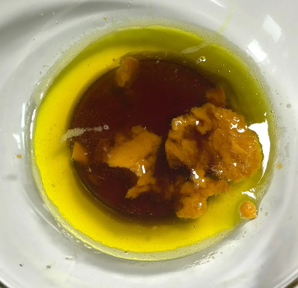 Here are the ingredients with the melted butters along with everything else.