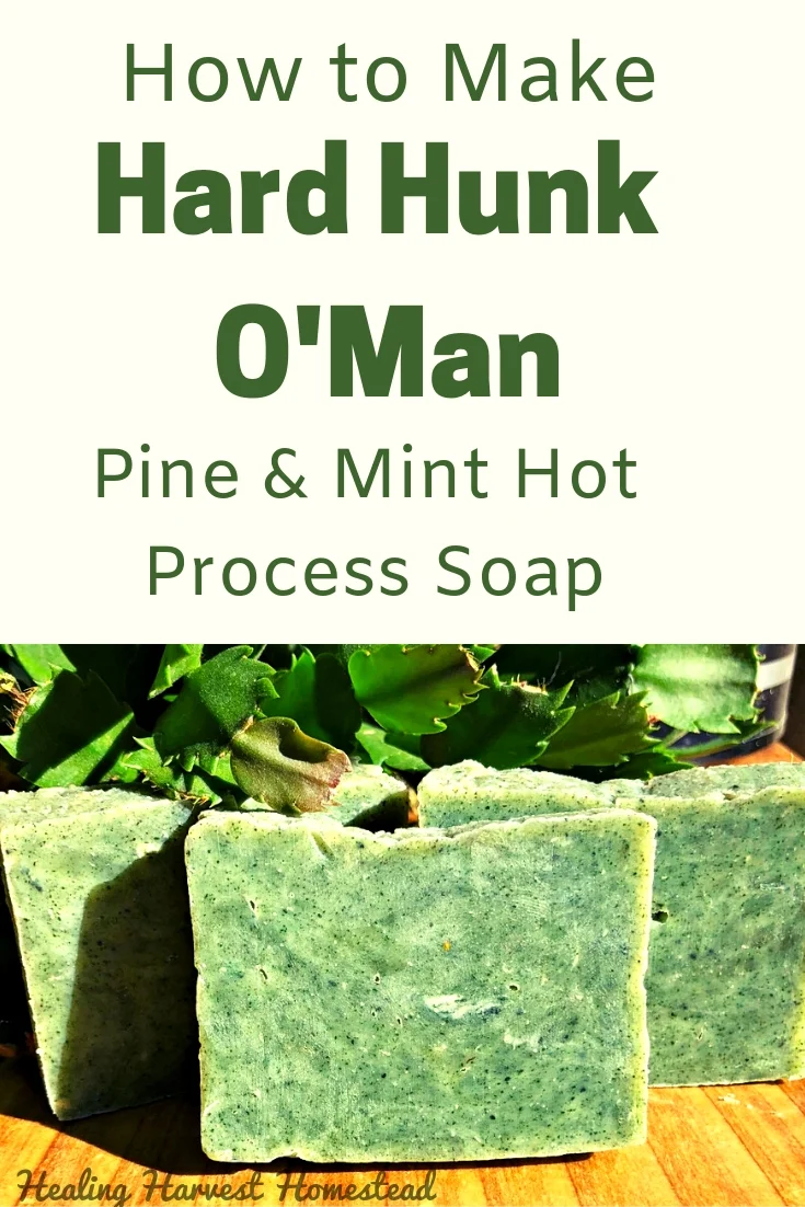 Need a great handmade soap recipe for gift giving this season? Here you go! Peppermint & Pine essential oils create the perfect scent for the man (or woman) in your life. Here are directions for natural, handmade soap that is perfect for your man. It’s a hard bar, cleansing, yet conditioning at the same time with a nice lather. If you like the hot process method, you’ll enjoy this soap! #healingharvesthomestead #hotprocess #soap #recipe #green #formen #handmade