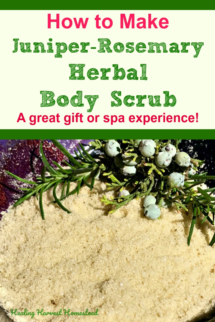 Find out how to make an herbal salt scrub using juniper berries and rosemary for a luxurious spa body scrub. You can give this away as a thoughtful diy homemade gift, or use it for yourself! You deserve it! #saltscrub #sugarscrub #bodyscrub #naturalscrub #spascrub #herbalscrub #healingscrub #healthy #scrub #healingharvesthomestead