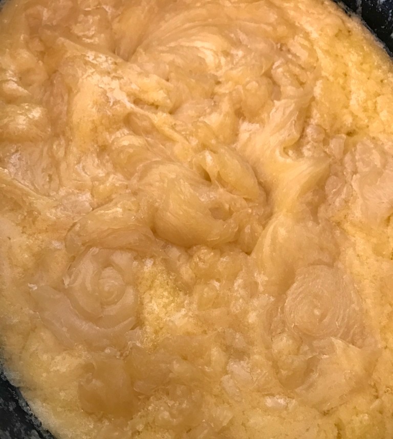 After stirring with my trusty hand blender for a few minutes, I was able to re-emulsify this batch. WHEW! What a relief! See those opaque areas? That’s what you want to see before the soap starts cooking.