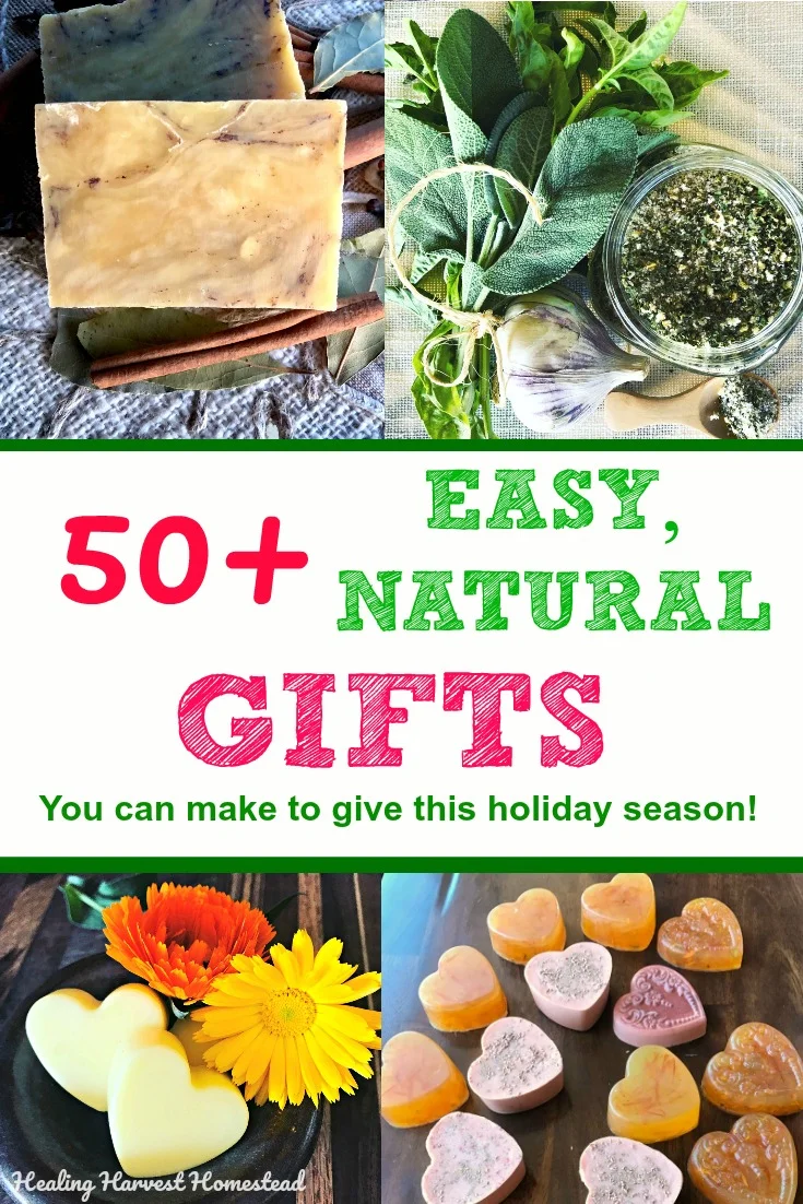 Do you want to make thoughtful, easy handmade gifts for this upcoming holiday season? Here are over 50 natural gift ideas you can make! Foods, bath sets, and LOTS more! #handmade #gift #easy #ideas #diy #natural #holidaygift #Christmas #Hanukkah #stockingstuffer #howtomake #healingharvesthomestead