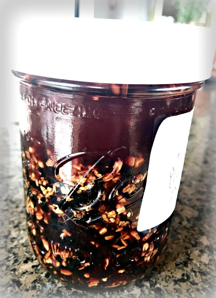 Here is an Elderberry Oxymel that is just getting started. In about four weeks, it will be ready to use!