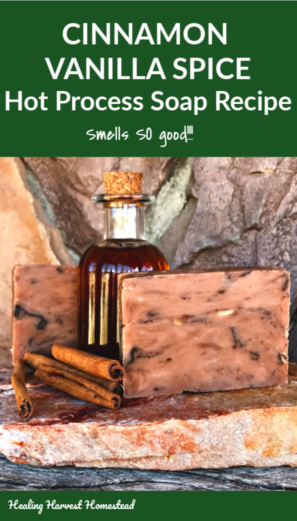 Mmmm….Handmade cinnamon-vanilla spice soap….SO good for the upcoming fall and the holiday season. This homemade soap recipe uses the hot process soap making method, and it’s SO easy to make. It’s also easily converted to cold process, if you prefer that method. If you’re looking for potential handmade gifts this season this one’s a WINNER! #howtomake #soap #soapmaking #naturalsoap #recipe #handmadesoap #healingharvesthomestead #hotprocesssoap