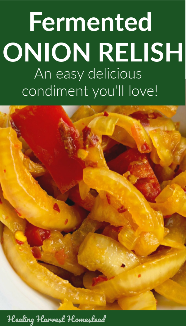 Looking for an easy condiment you can make with all those harvest onions? How about this fermented onion relish recipe? This tutorial guides you through all the directions for fermenting vegetables and making this amazing, healthy, EASY onion relish you can use on all kinds of dishes, sandwiches, salads, and more! #fermentation #fermented #howtomake #condiment #easy #onion #healthy #howtomake #recipe #relishrecipe #healingharvesthomestead