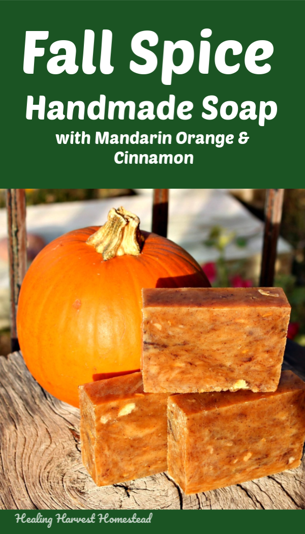 Fall Spice Soap, with essential oils. This hot process handmade soap recipe makes a lovely burnt orange soap with scents of fall pumpkin spice. It smells A-mazing! This hot process soap recipe includes only natural ingredients! Just in time for Fall! Because it is hot process, you can use it right away. Complete instructions on how to make hot process soap are included. #handmadesoap #soaprecipe #fall #howtomake #healingharvesthomestead #naturalsoaprecipe #fallsoap #handmade #soap