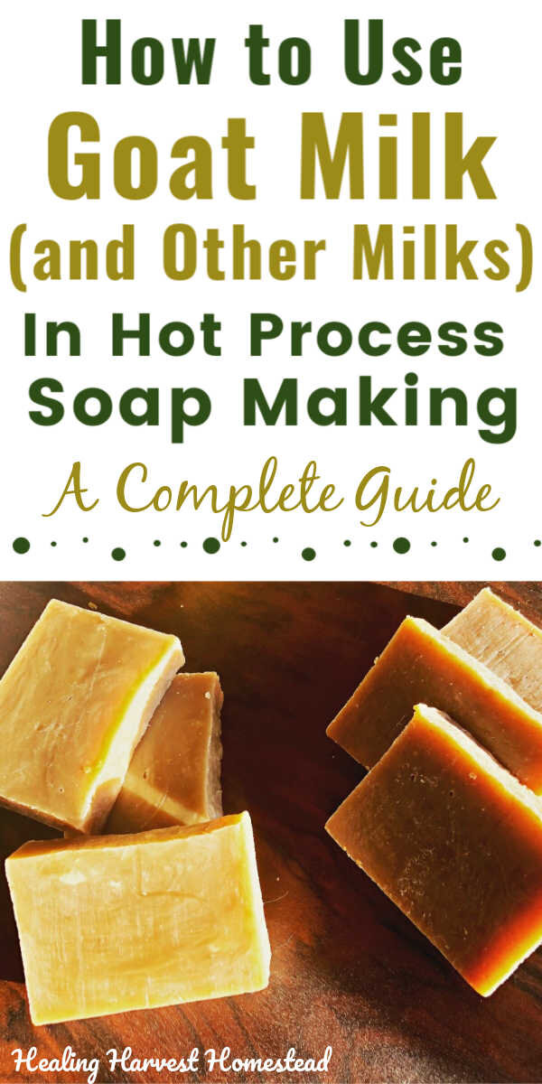 Yes! You CAN use milks, including goat milk, to make handmade soap with the hot process method. There are just a few things you need to know for some beautiful bars of skin loving natural milk soap. Whether it’s cow, goat, nut, or coconut or some kind of other dairy variation like yogurt or buttermilk, you can. Here’s how to make handmade HP soap with milks! #soapmaking #forbeginners #ideas #goatmilksoap #recipe #howtomake #hotprocess #homemade #healingharvesthomestead