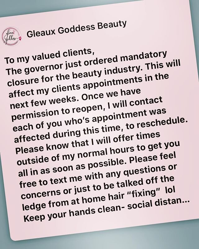 March 22, 2020. Gleaux Goddess Beauty news: #covidroots #covidwhite  225-715-1466