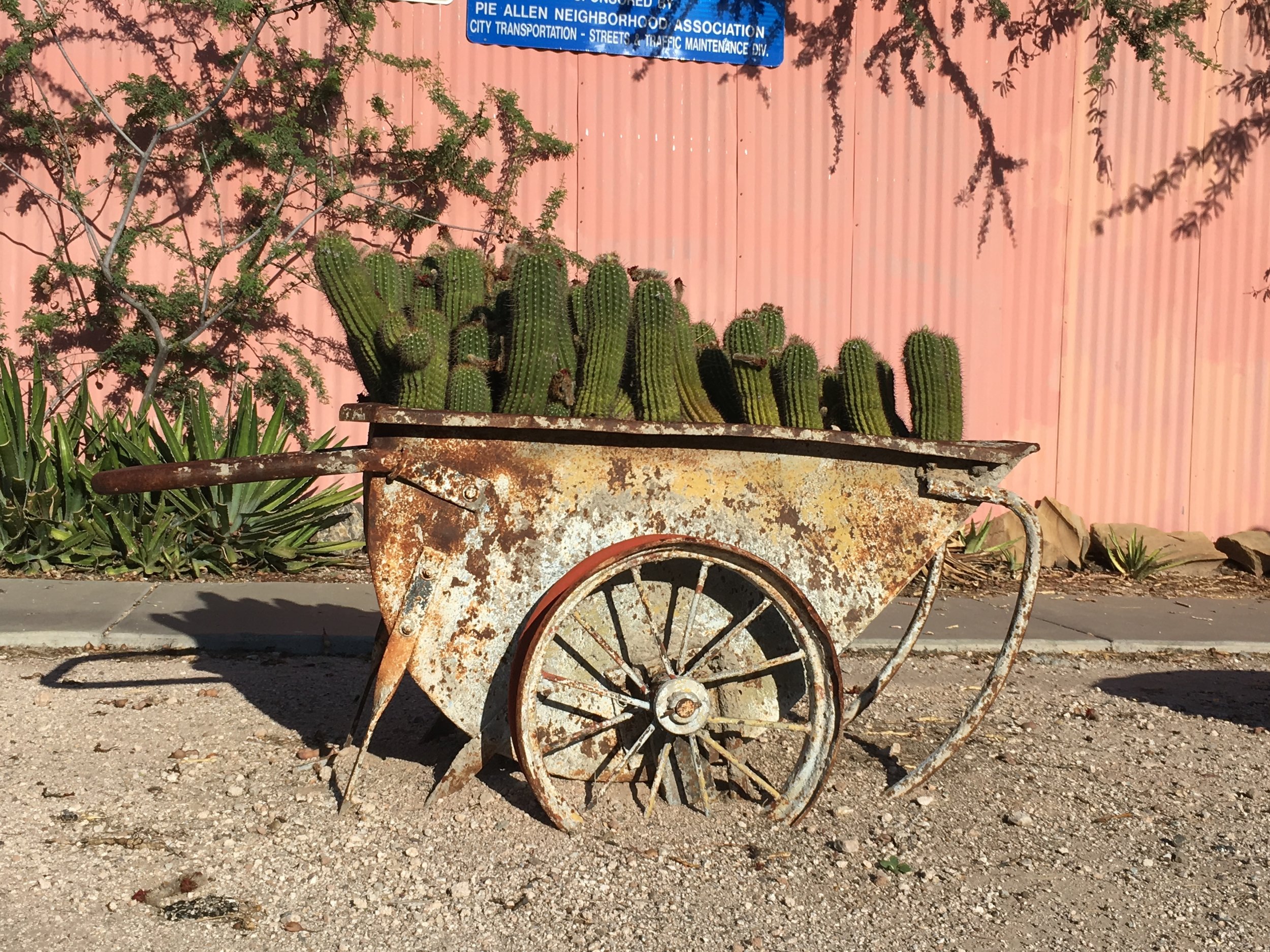 Old mining equipment is now a planter in the Pie Allen neighborhood south of the University of Arizona.