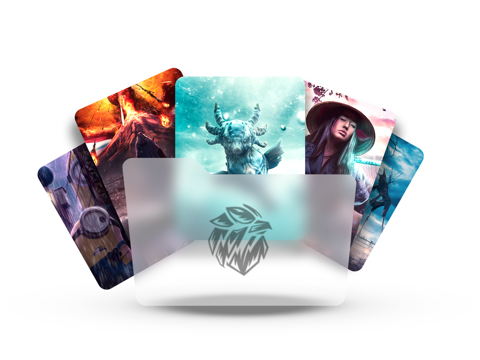 A digital graphic featuring a rotating carousel of various colorful images, with a gray folder icon displaying a stylized wolf head logo in the foreground.