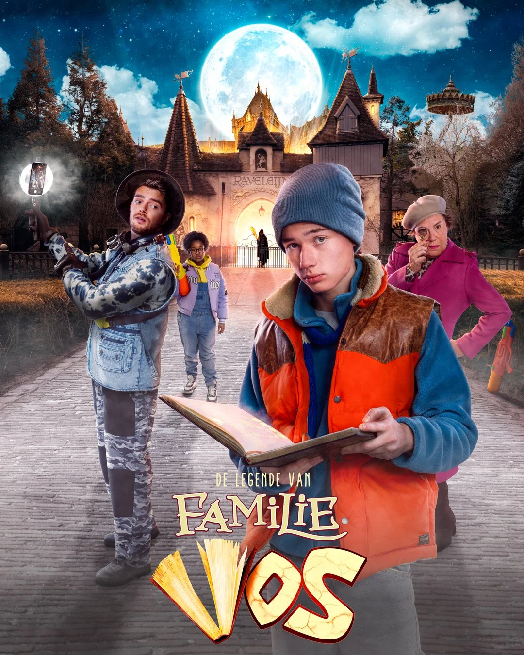 Four people standing on a cobblestone path in front of a large haunted house with a full moon glowing behind it. The group includes a young man with a beanie and a book, a man with a spray gun, a girl with glasses and headphones, and an older woman with a beret and glasses. The scene is colorful and appears to be a promotional poster for a family adventure or Halloween event.
