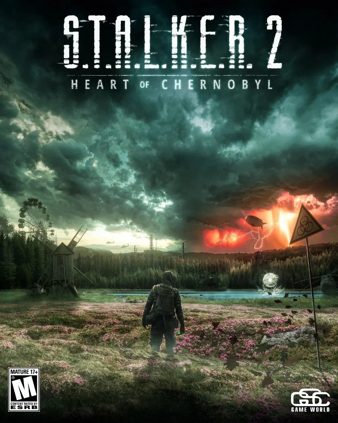 Cover art for the video game Stalker 2: Heart of Chernobyl featuring a person in military gear standing in a field with pink flowers, a body of water, a forest, and a sky with storm clouds, lightning, a blimp, and a lightning storm in the background.
