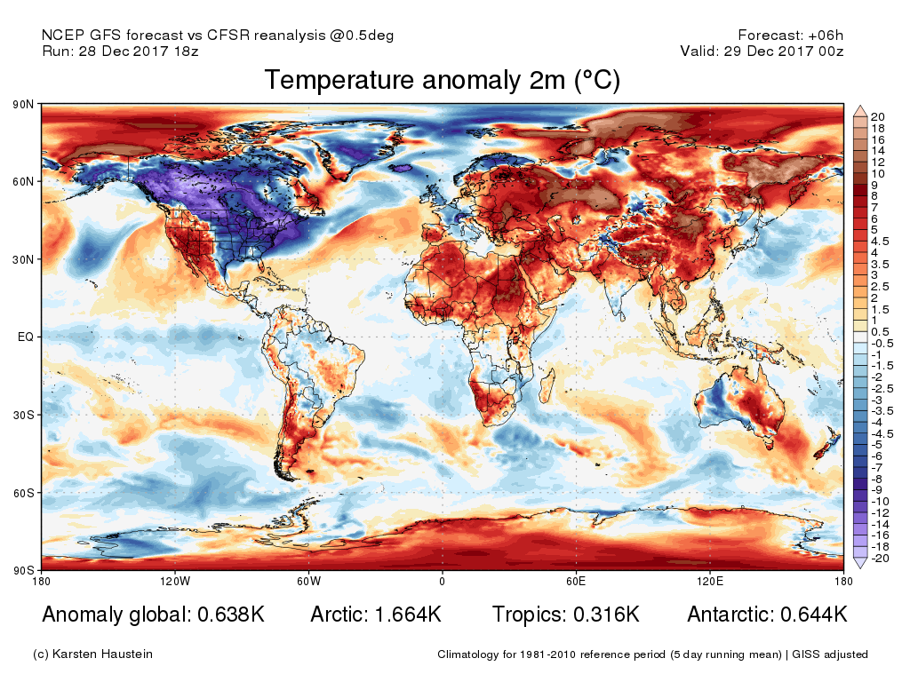 Current global temperature anomaly map courtesy of Karsten Haustein, www.karstenhaustein.com/climate.