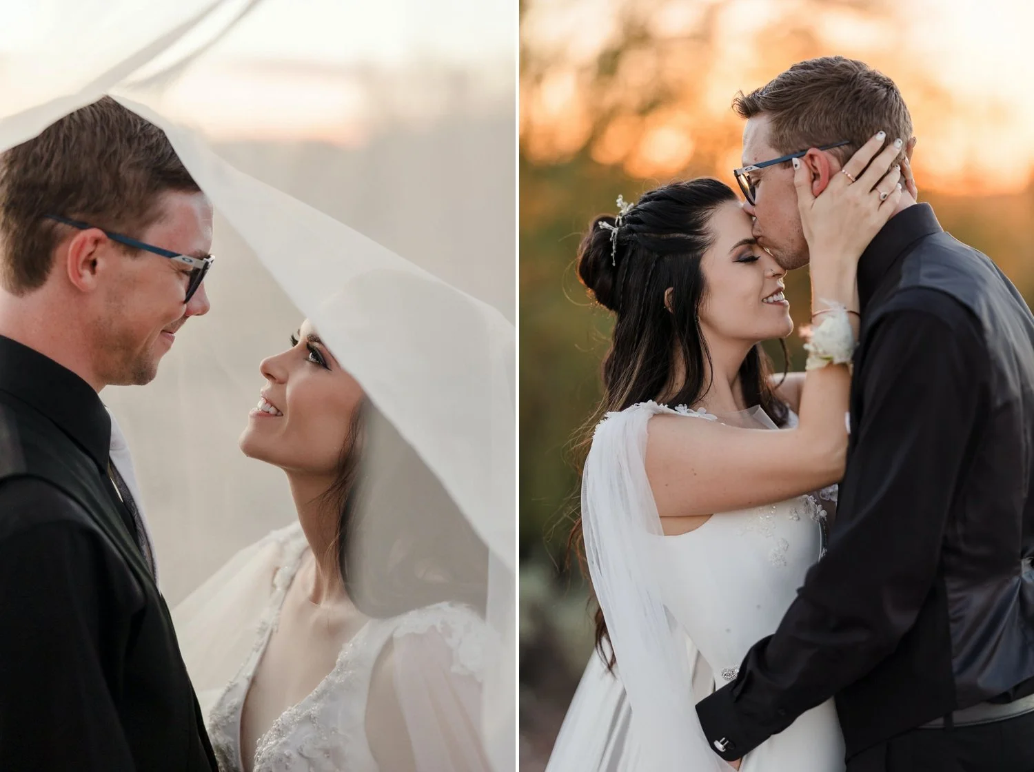 Two portraits of a bride and groom sharing an embrace on their Phoenix wedding day.