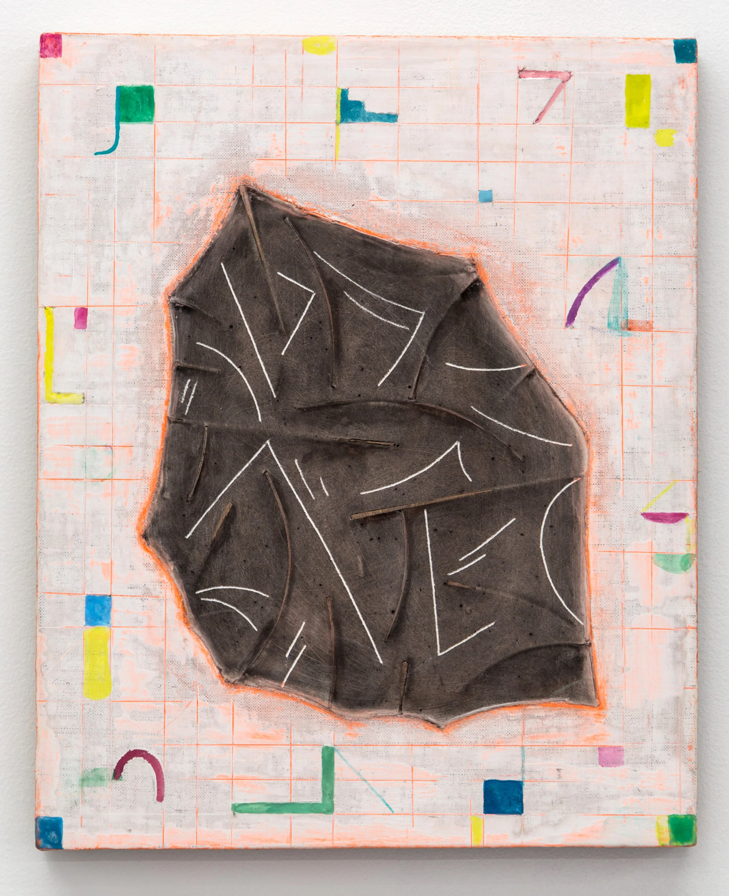Bats and Plots , 2016 watercolor, acrylic, plaster and bamboo on linen wrapped panel 16 x 13 in