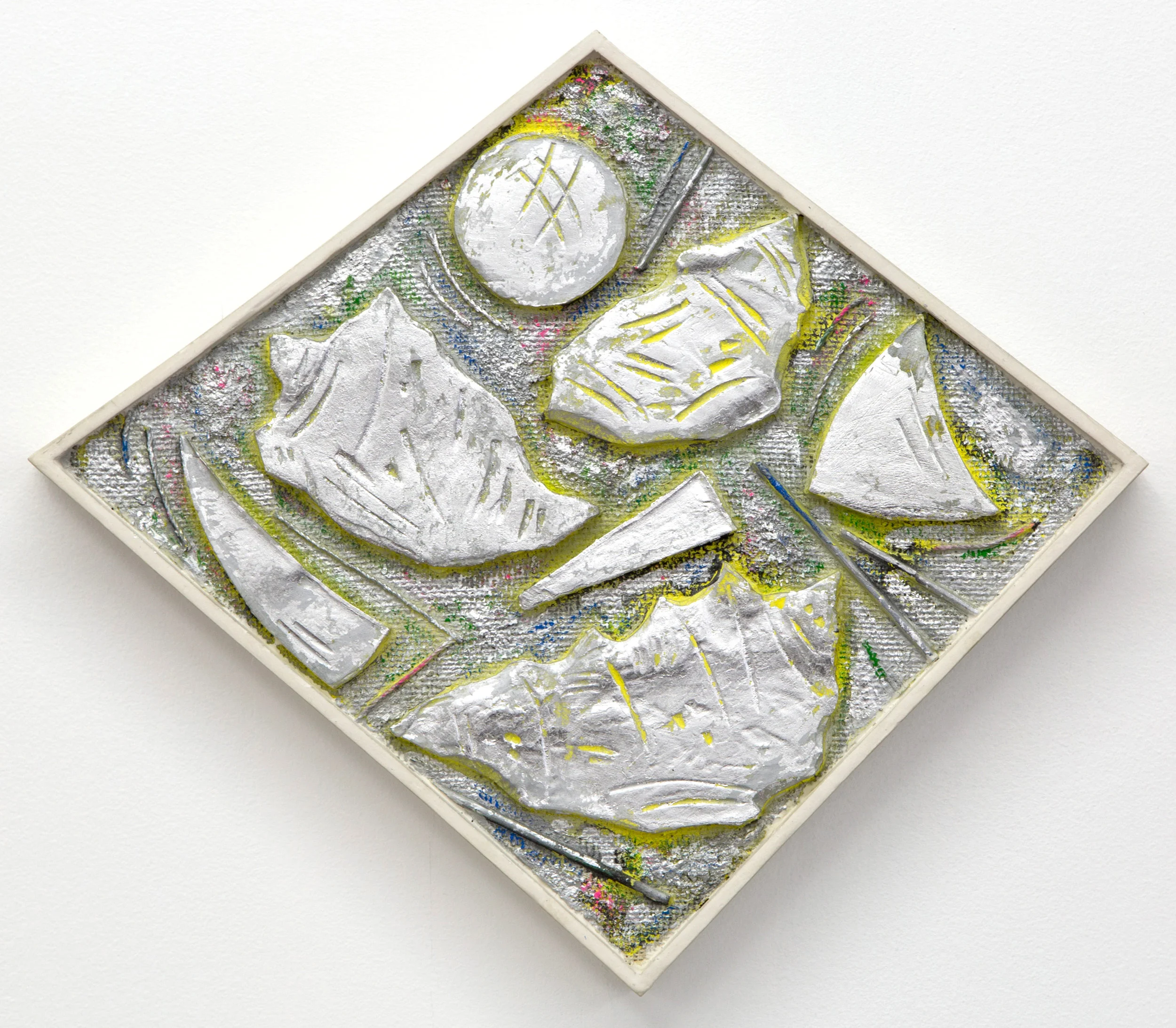 S.S.S.S. (silver, seashells, shards, shapes) , 2016 silver leaf, enamel, acrylic, sand, bamboo, string, burlap and plaster on wood panel 16 x 19 in