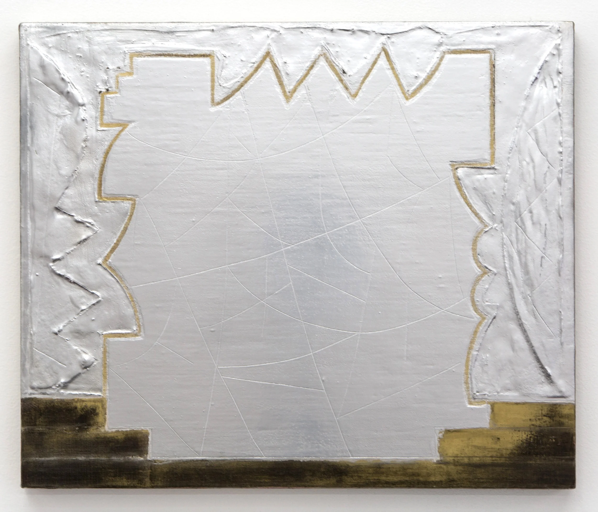 Gate , 2016 enamel, distemper, acrylic, oil and hydrocal on linen wrapped panel 16 x 19 in 