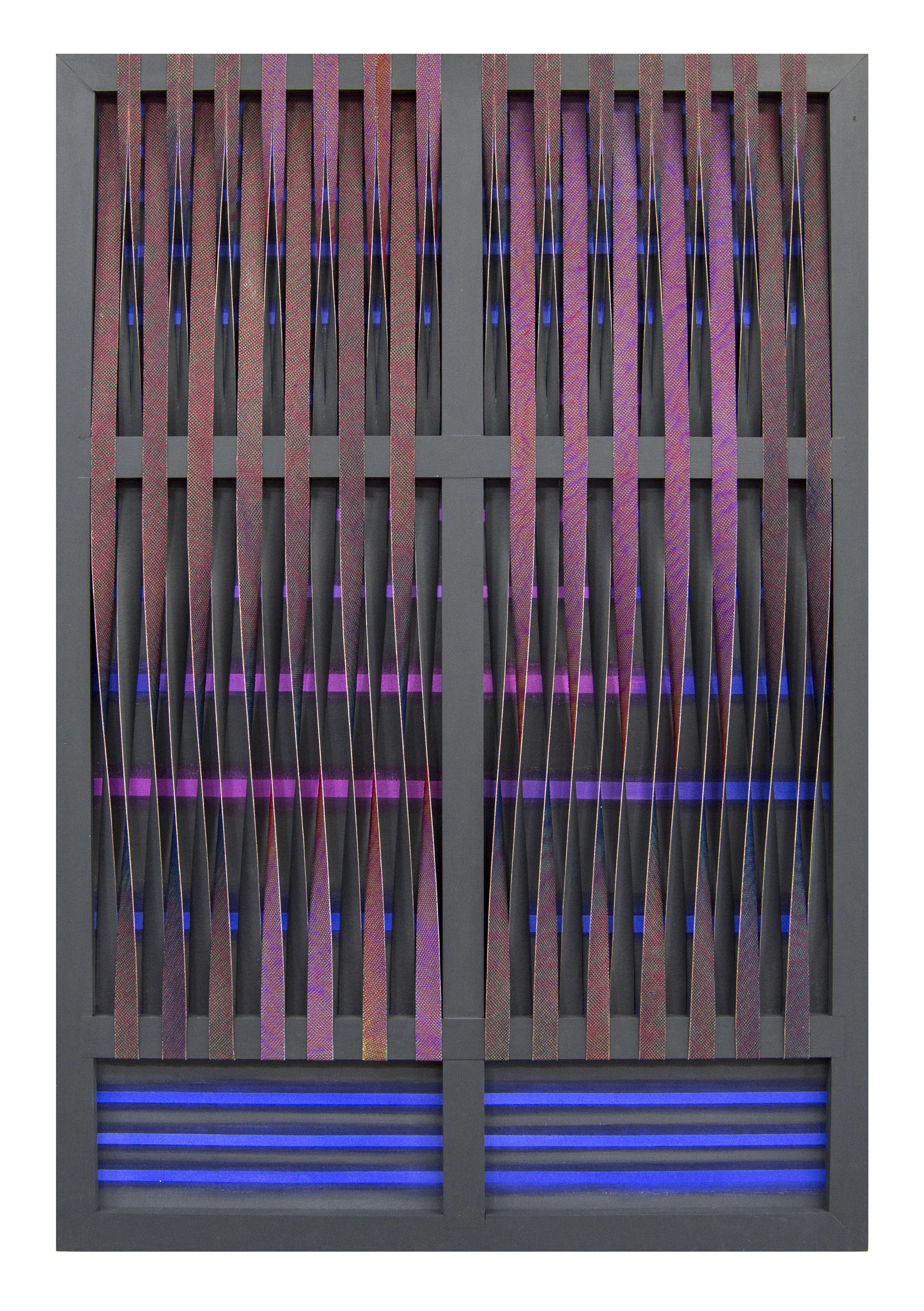 Chromadiorama (Suspended Channels), 017hand-dyed scrim and acrylic on cut canvas,stretched over painted wooden frame50 x 34 x 1-1/2 in