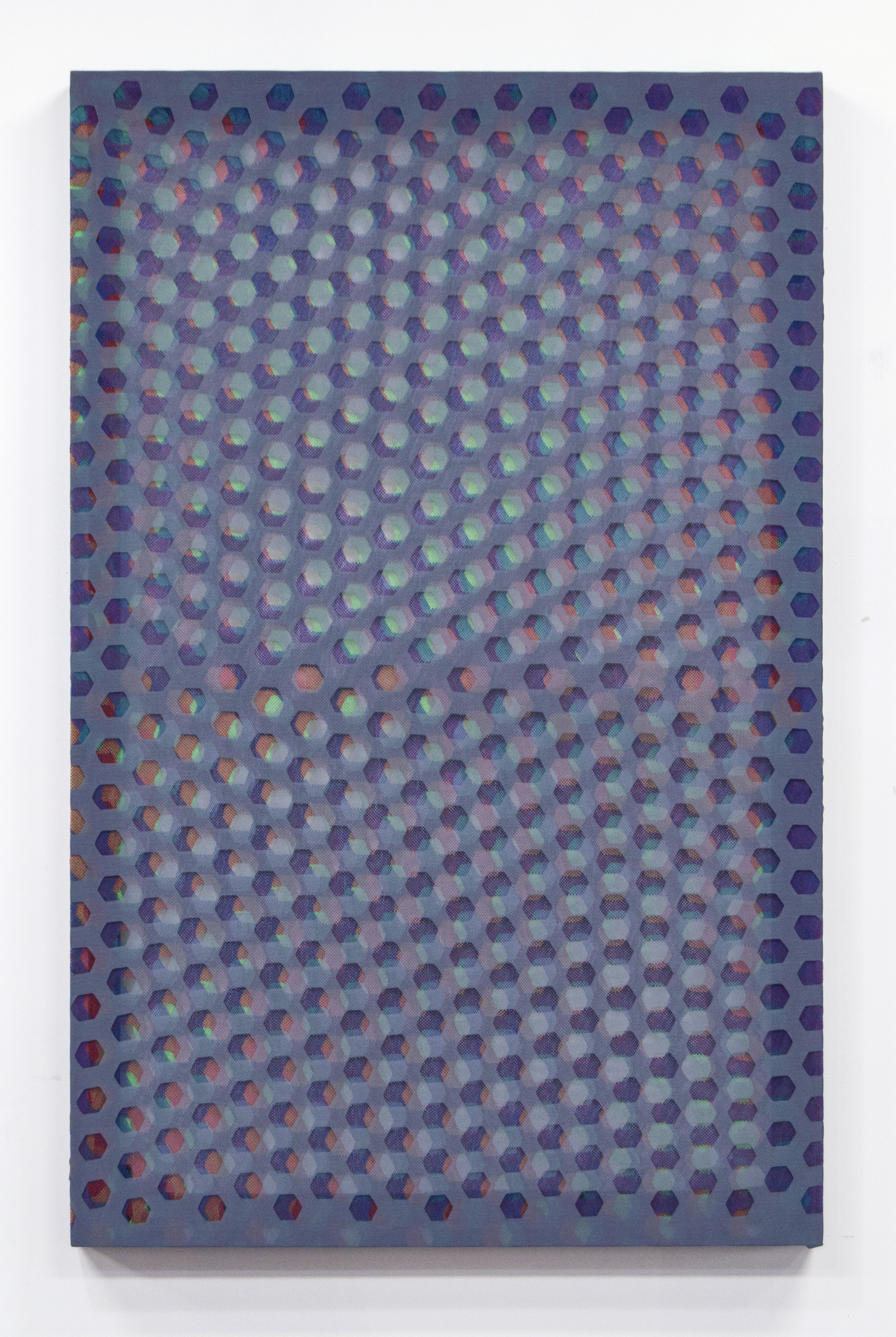The Rainbow is a Stereoscopic Picture , 2016 hand-dyed and laser-cut scrim and chiffon over wooden frame 50 x 32 x 2-1/2 in