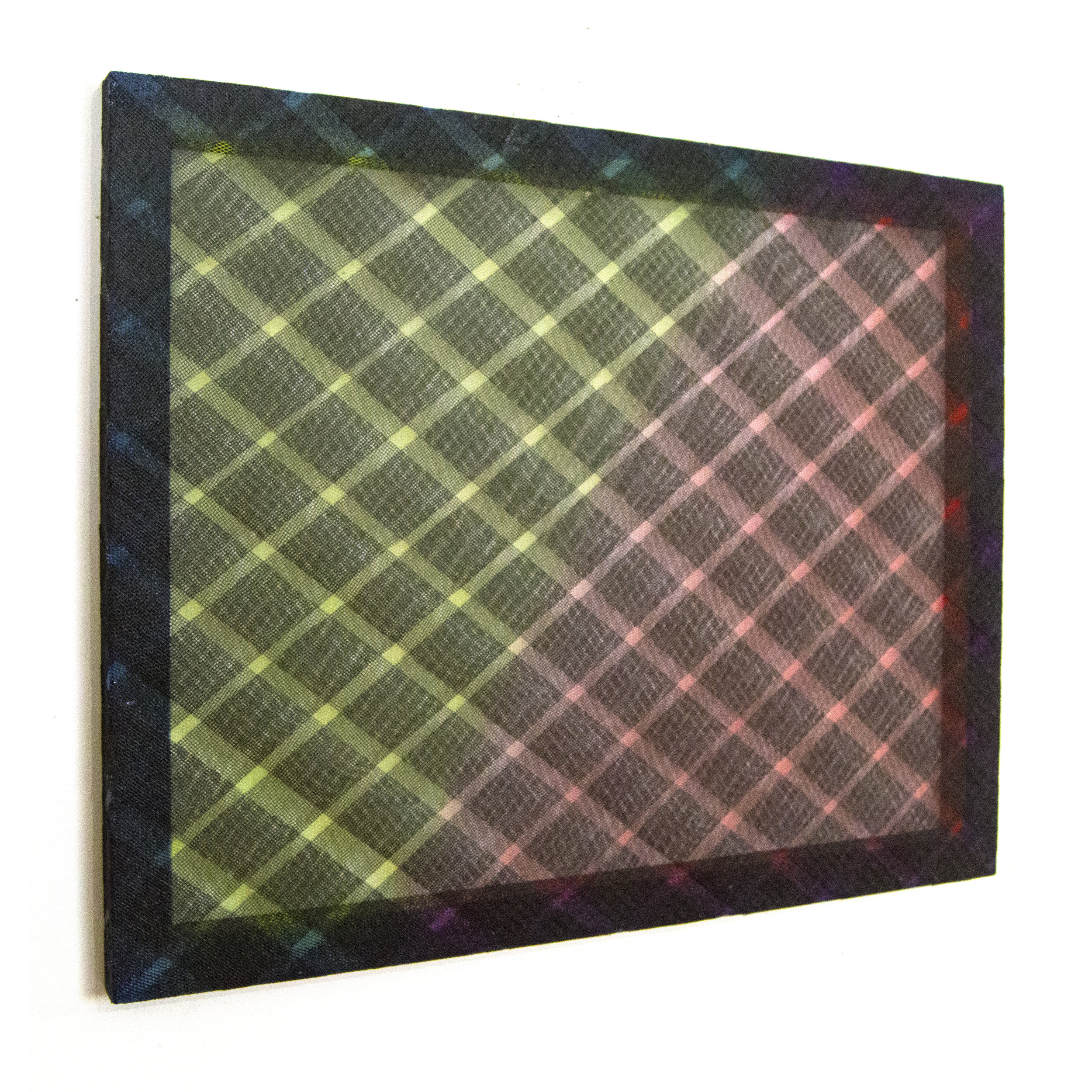 Filter Medium , 2016 acrylic on aluminum mesh and cut nylon mesh over painted wooden frame 16 x 20 in
