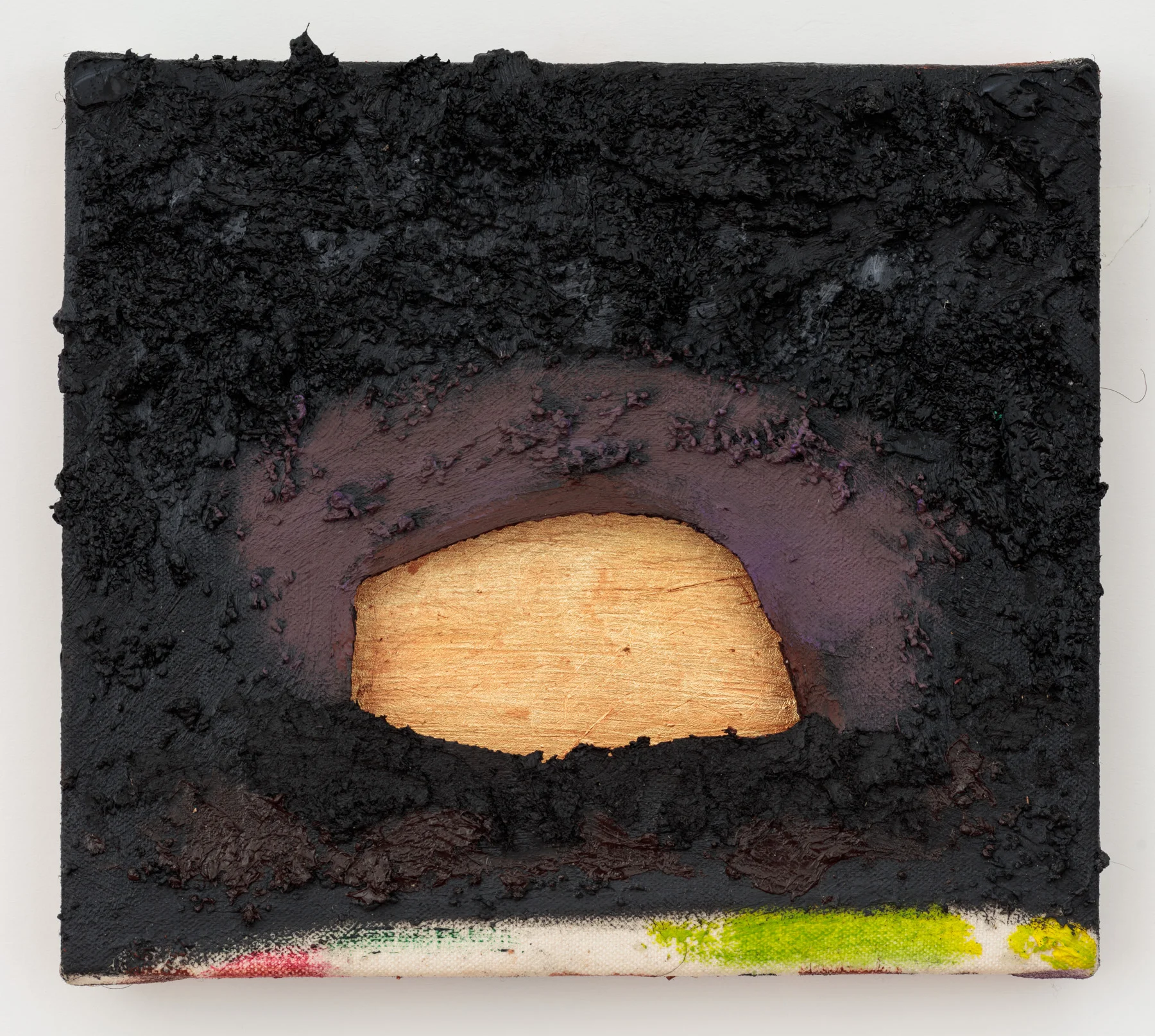 Cave , 2017 oil, acrylic, sawdust and sand on canvas with metal leaf and acrylic on wood panel 8 x 9 in