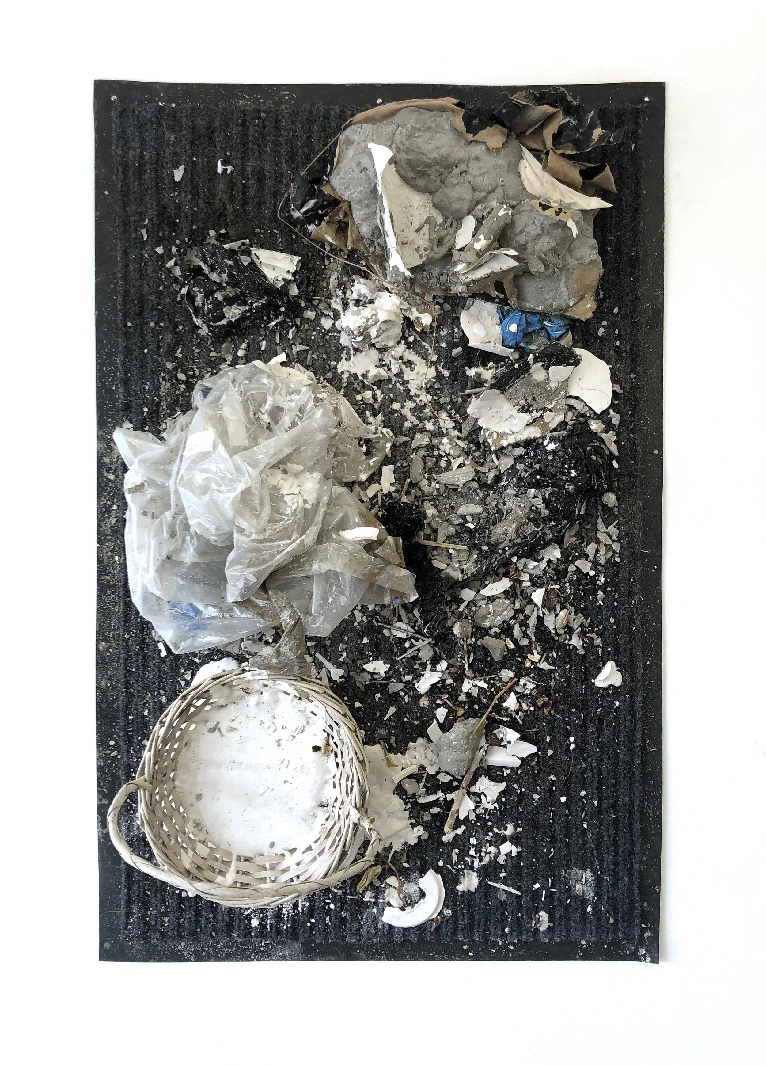 Tableau , 2018 rug, basket, Hydrocal, studio debris 31-1⁄2 x 19-1⁄2 x 10 in