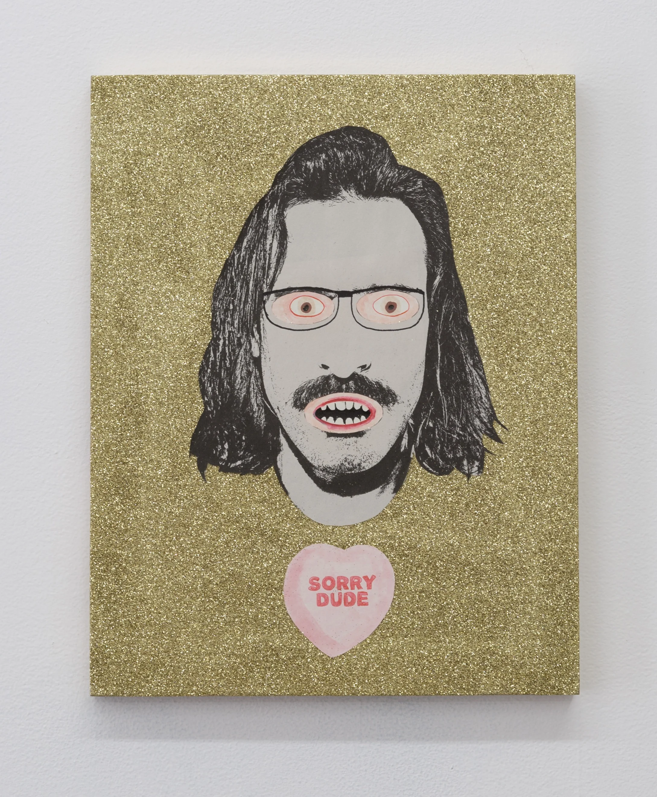 SWAK II (Sorry Dude) , 2019 glitter, paper, and mixed media on panel 14 x 11 in