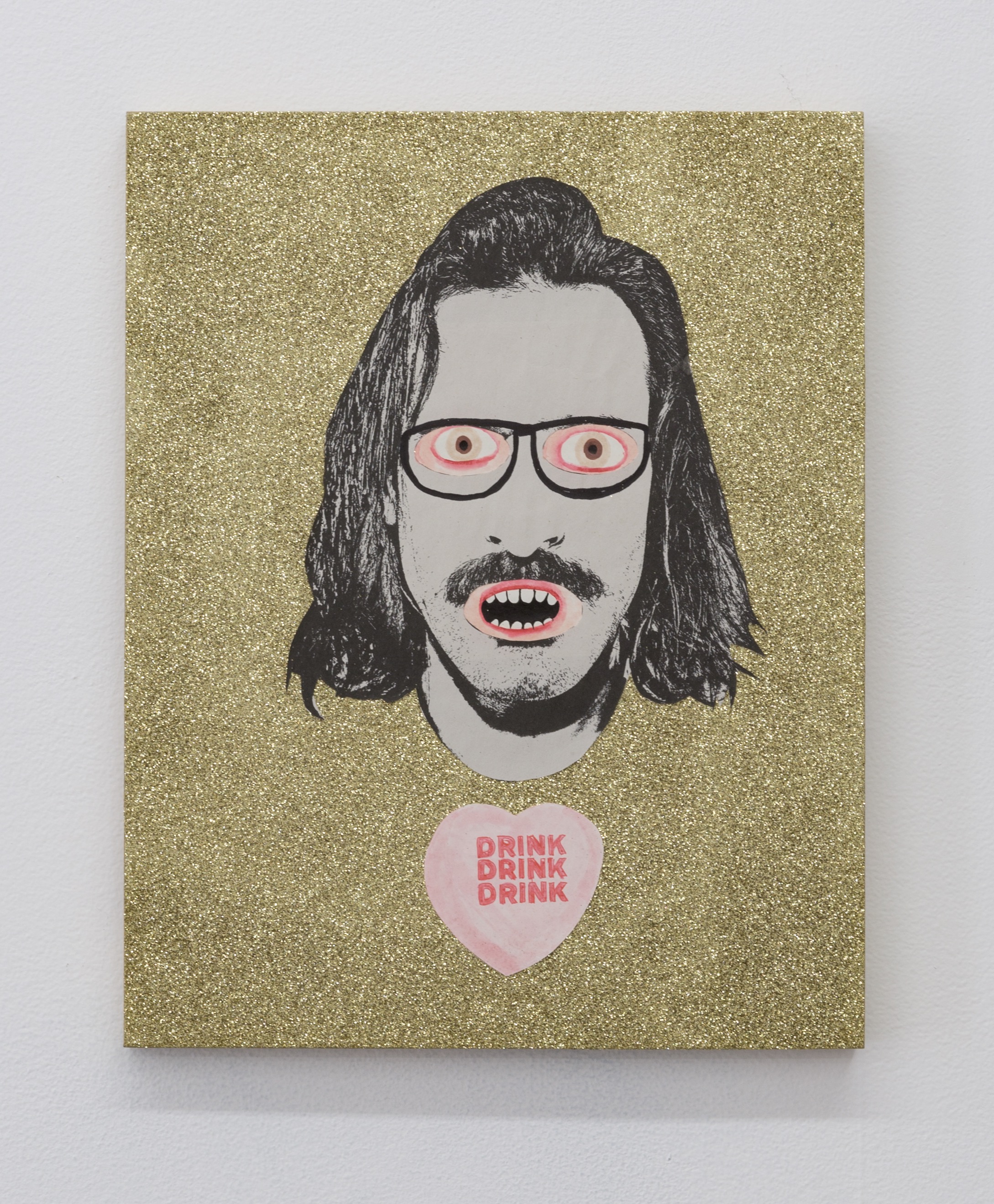 SWAK V (Drink Drink Drink) , 2019 glitter, paper, and mixed media on panel 14 x 11 in