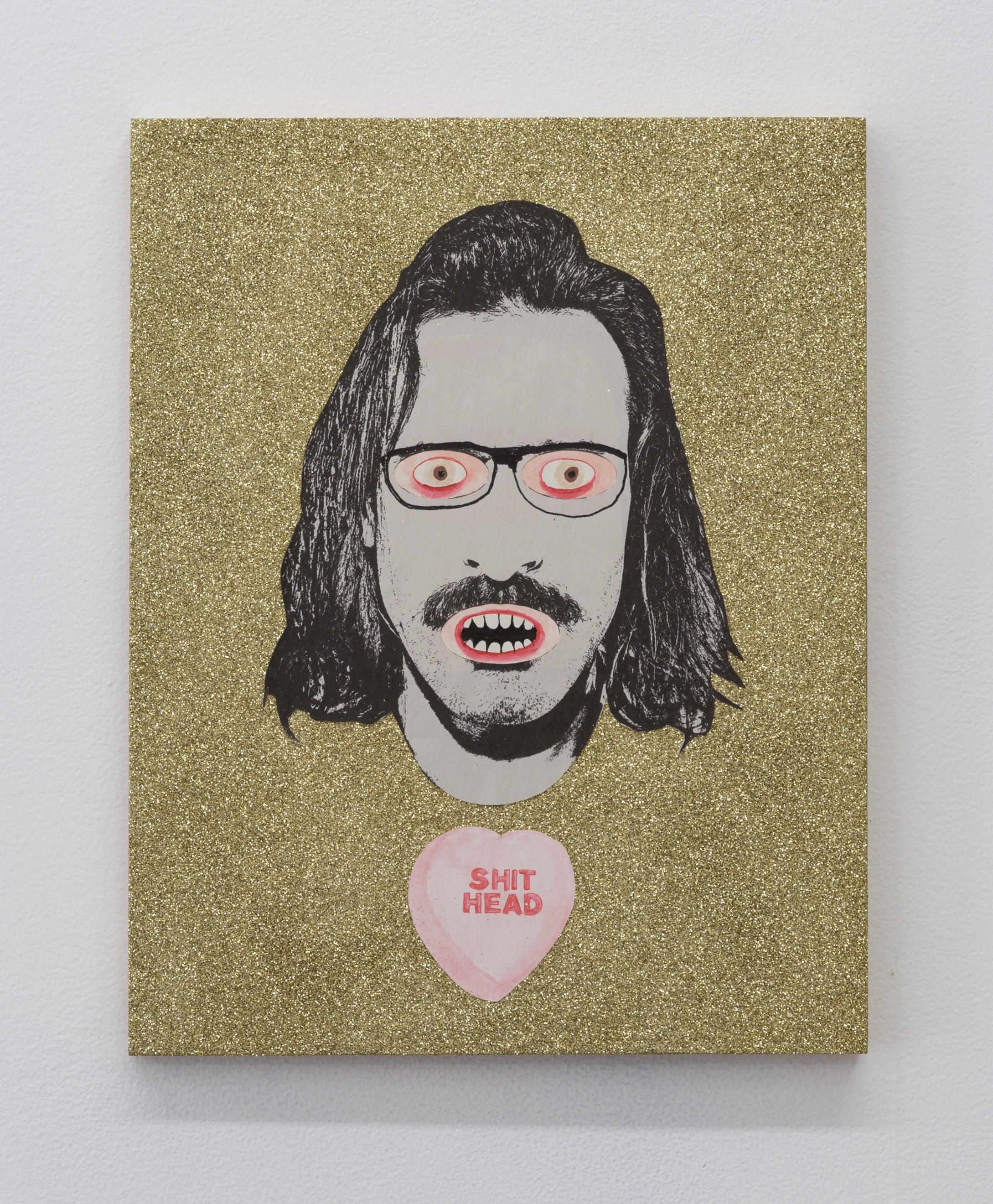 SWAK VII (Shit Head) , 2019 glitter, paper, and mixed media on panel 14 x 11 in