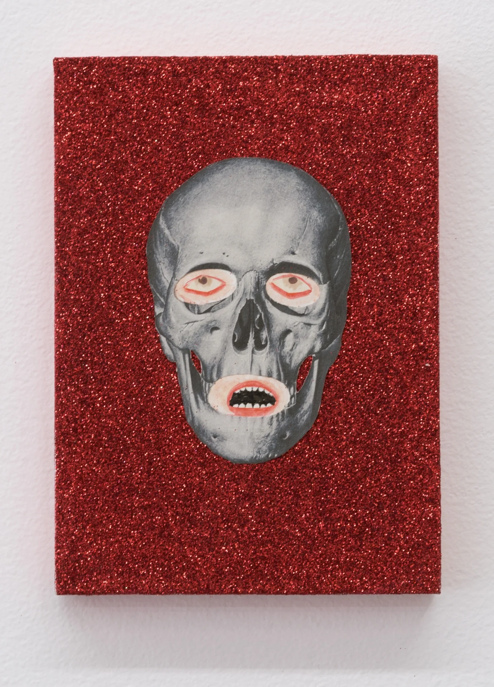 The Story of Slim Dad Body IV (Slim Dad Body is Dead) , 2019 glitter, tinsel, and mixed media on panel 7 x 5 in