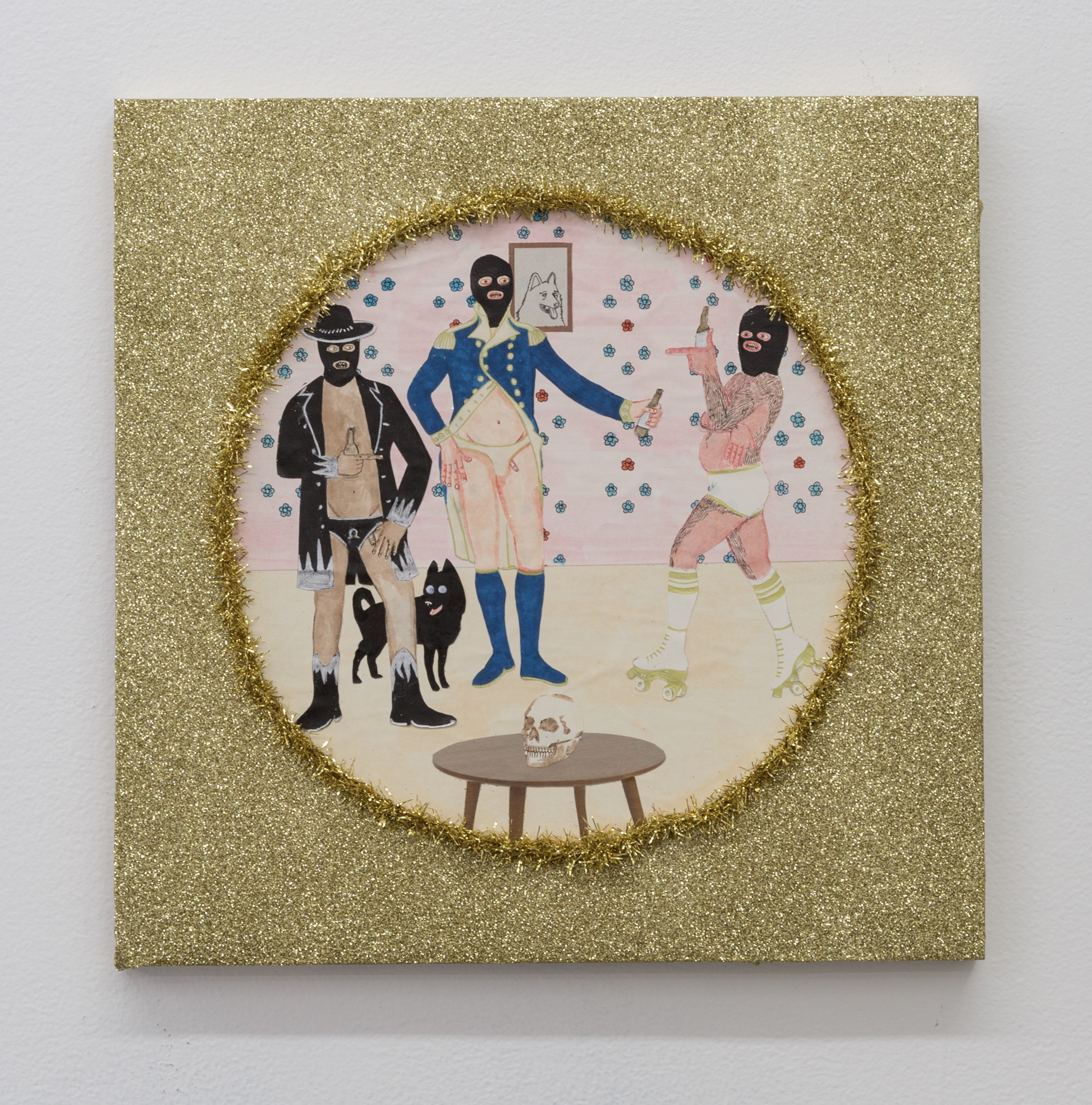 Best Friends III (Drink Up Dummies) , 2019 glitter, tinsel, and mixed media on panel 12 x 12 in