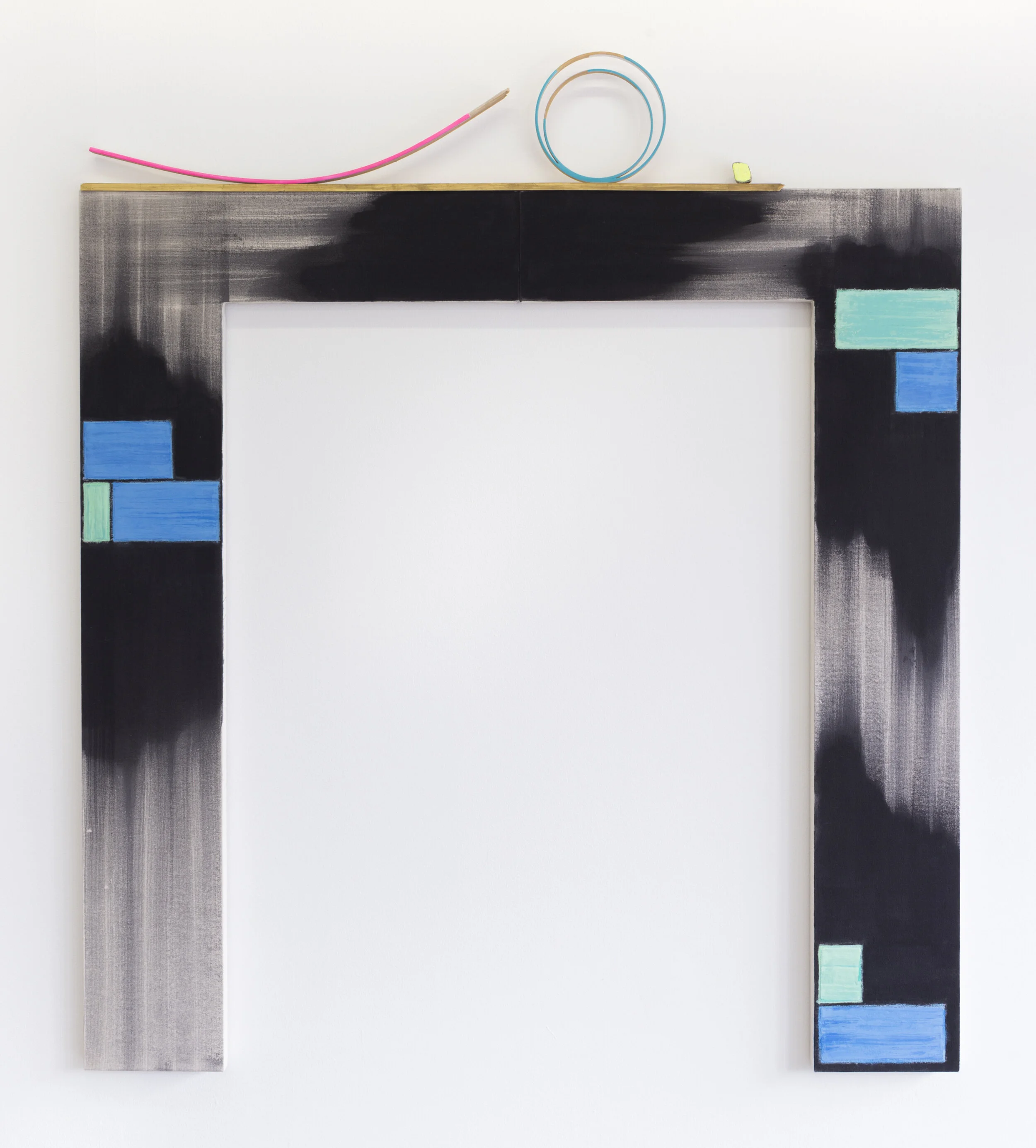 Mantle of Satellites , 2019 wood, distemper, gold leaf, silver leaf, found stone, found gold-leaf frame and acrylic on canvas wrapped panel 56 x 48 in