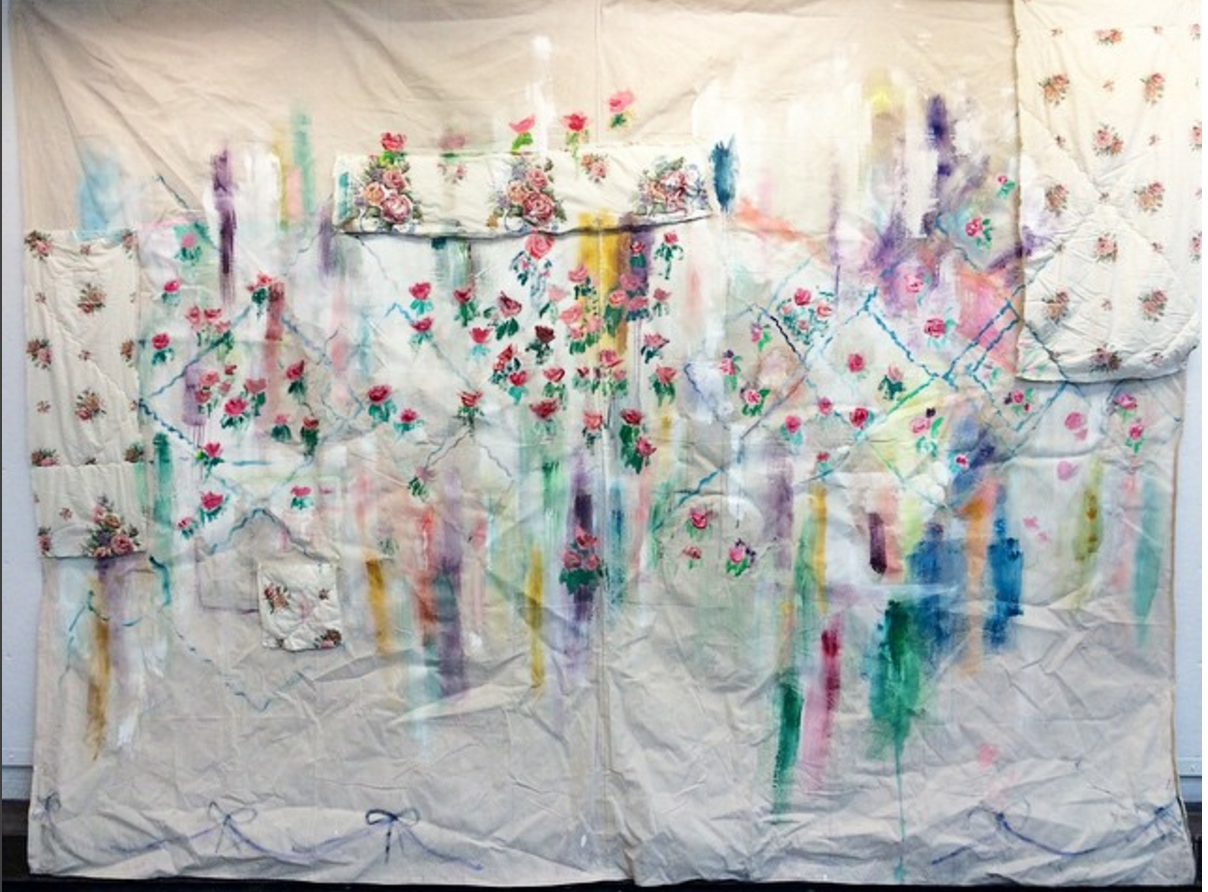 The Common Ground Between Before and After oil and acrylic on dropcloth and quilt