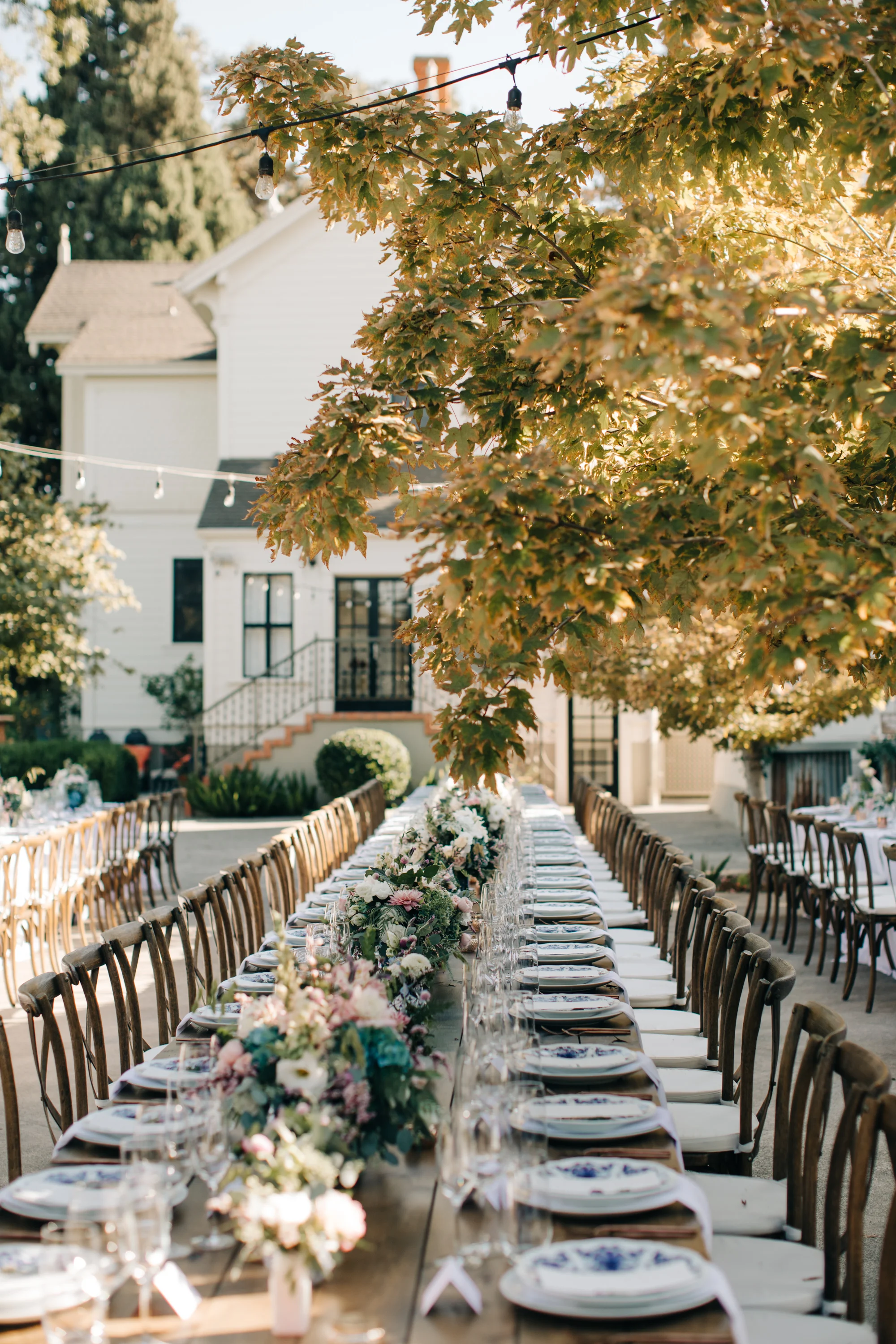Outdoor Wedding Reception September | Communal Farm Tables | Wedding Tablescape