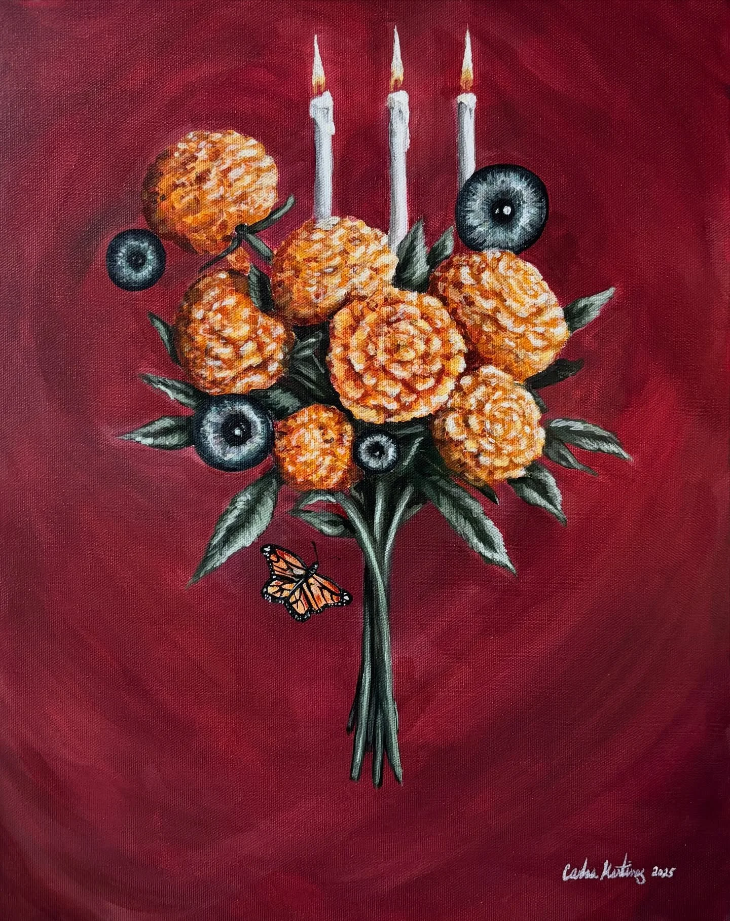 Memories of Those Past. 16 x 20 inches acrylic on canvas. In honor of d&iacute;a de los muertos where the veil between the spirit and physical world is lifted, and those that have past come to visit us. Where we remember and honor their memory.
I sta