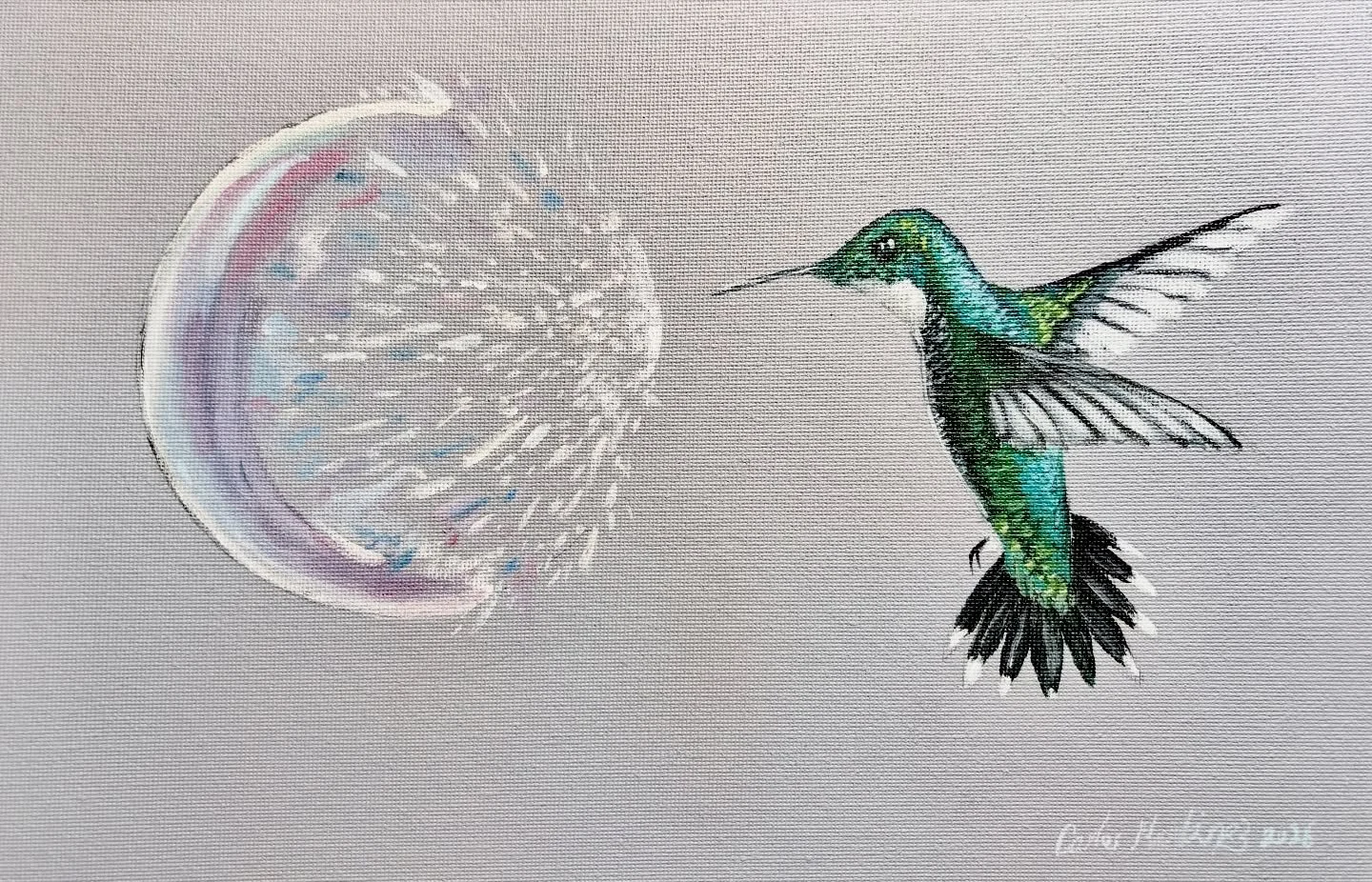 Burst. 2026 12x8 inches Acrylic on canvas. 
Sorry to burst your bubble 🫧