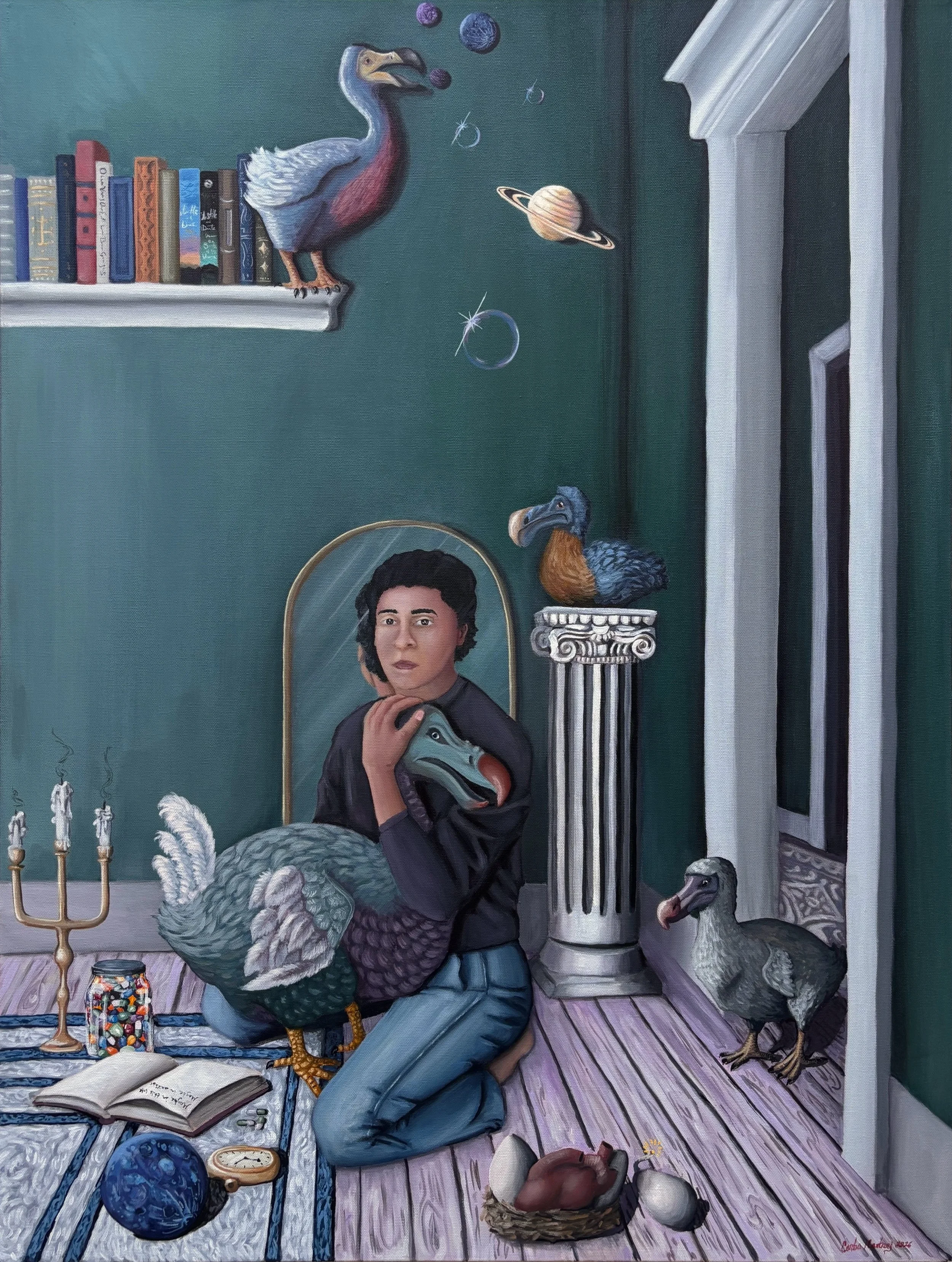 The House of Dodos. 
30 x 40 acrylic on canvas. 

The dodo bird is widely seen as a foolish creature, too absentminded, too dumb for their own good which led to their extinction. 

As I grow older, I&rsquo;m learning to hold myself with more love and