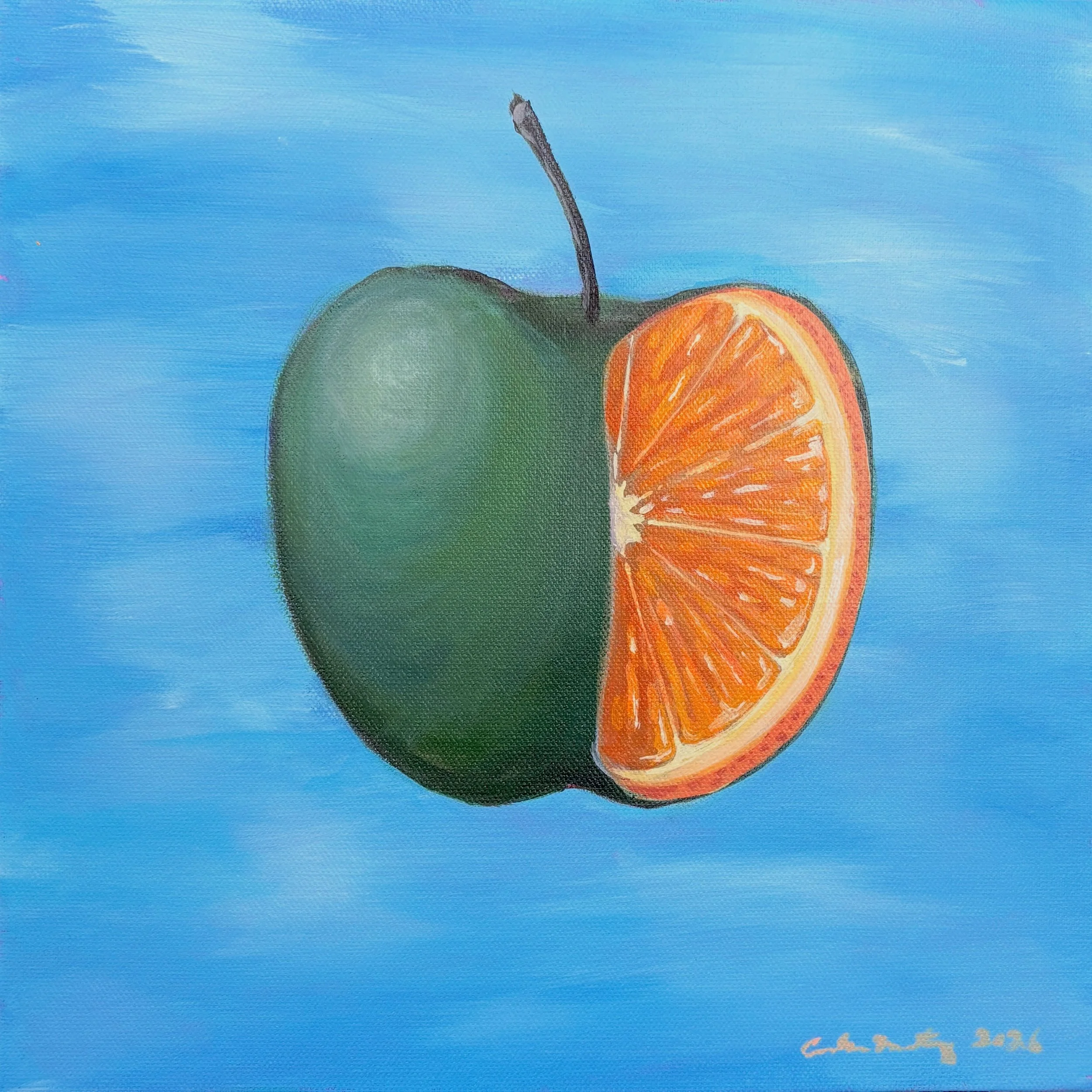 Insides. 12 x 12 inches. Acrylic on canvas. 
Life&rsquo;s funny. There are time where it feels like I&rsquo;m about to take a bite out of an apple and it turns out to be an orange. Learning to roll with the unexpected, the grey areas, and welcoming t