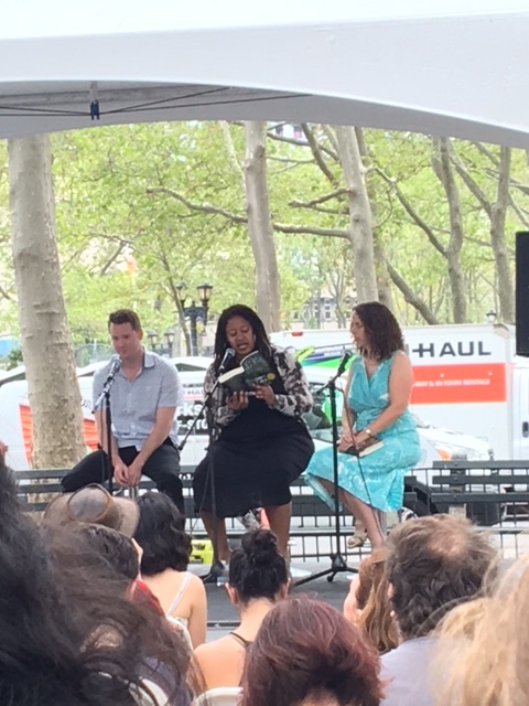 N.K. Jemisin (center) reads from her novel The Fifth Season along with Robert Jackson Bennett and Sarah Beth Durst at the Brooklyn Book Festival.