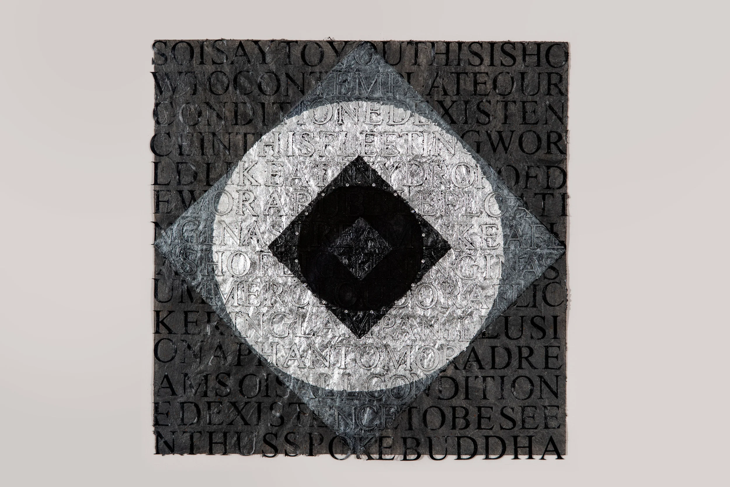 Thus spoke Buddha (from The Diamond Sutra), 2019 Mixed media on paper 12”H x 12”W