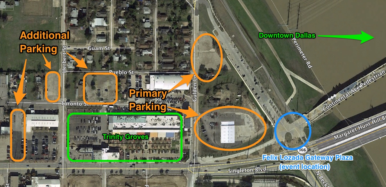Use address 3011 Gulden Lane, Dallas, TX 75212 to get to the area. Hydrate and arrive early!