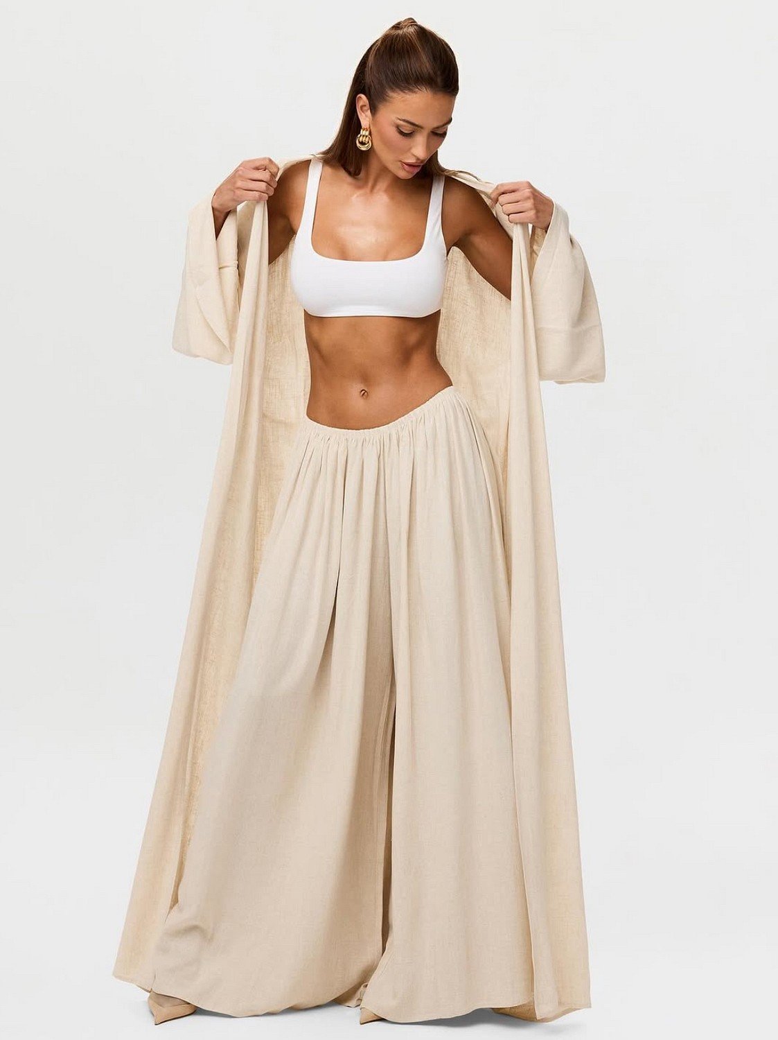 Female model, tan outfit