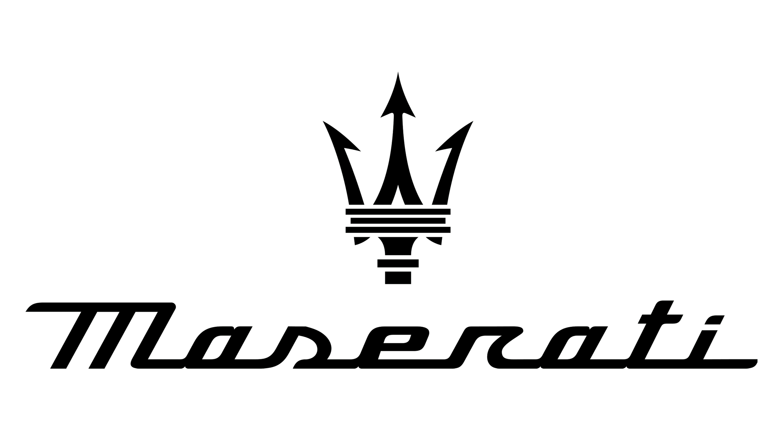 Maserati logo with a trident symbol and the brand name in script font.