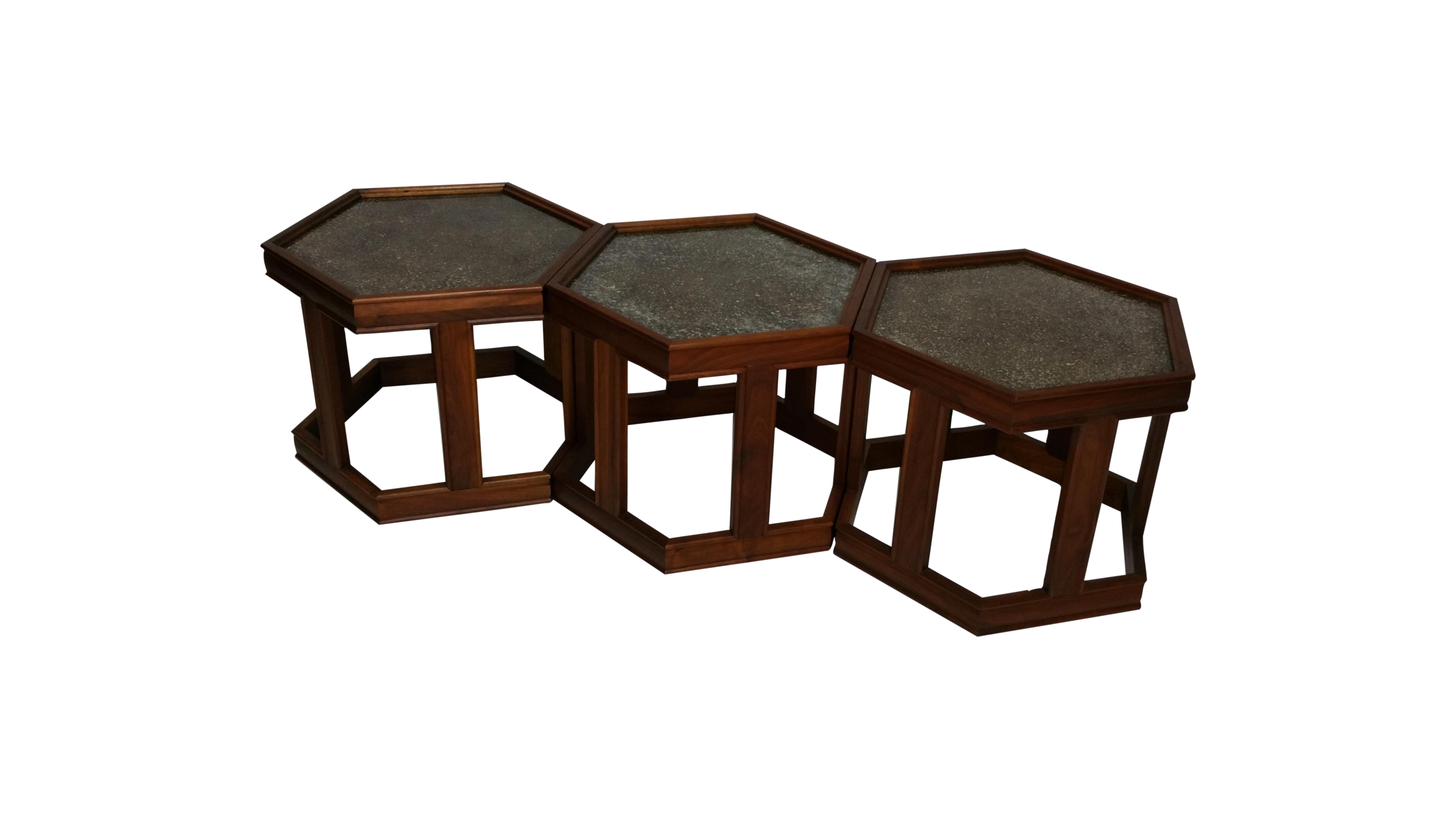 Set of 3 Brown Saltman Vintage Hexagonal Tables