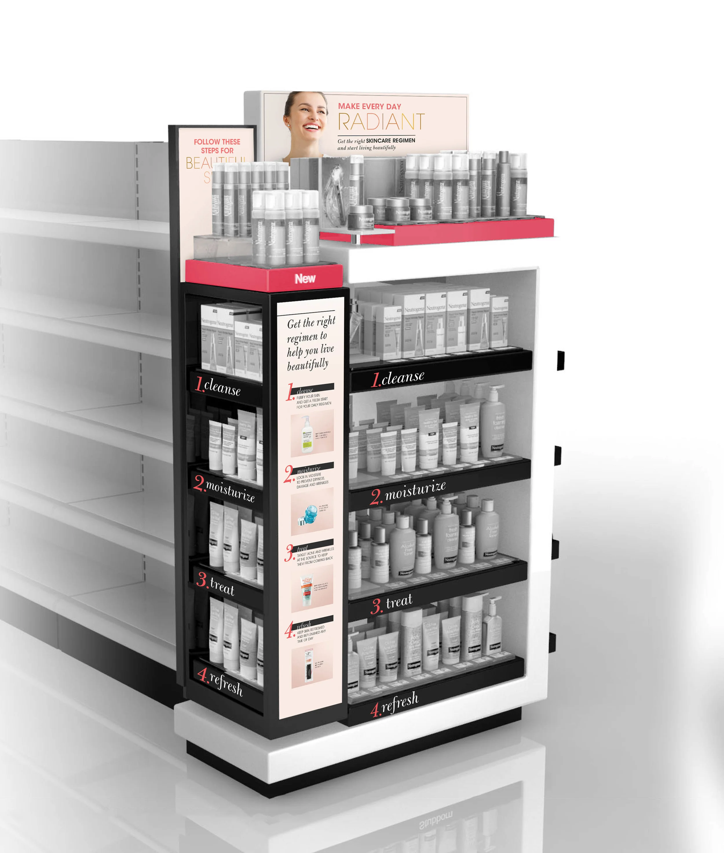 Custom display to educate on the benefit of a regimen within the premium beauty competition.