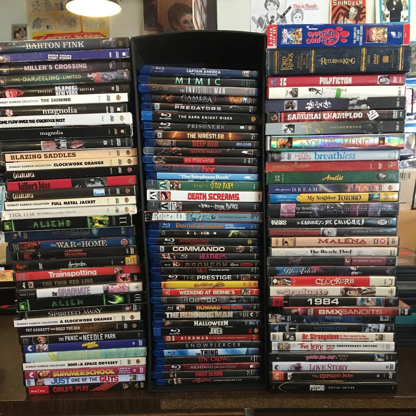Boutique Blu Rays, Vintage Box Sets, $8 Vintage DVDs, as well as cheap 4 for $10 DVDs on our patio. Also new and old posters to flip through! #vintage #boutique #dvds #blurays #olive #criterion #arrow #movieposters #new #old #homemedia #analog #wests